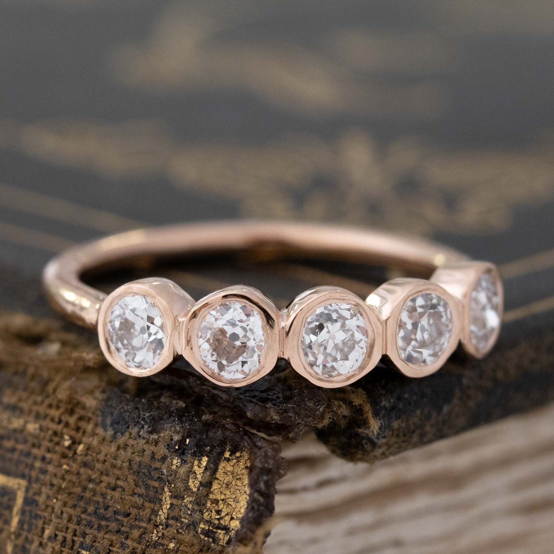 Historic style .89ctw Old European Cut Diamond 5-Stone Bezel Band wedding band with Old European Cut Diamonds, unique heirloom in rose gold