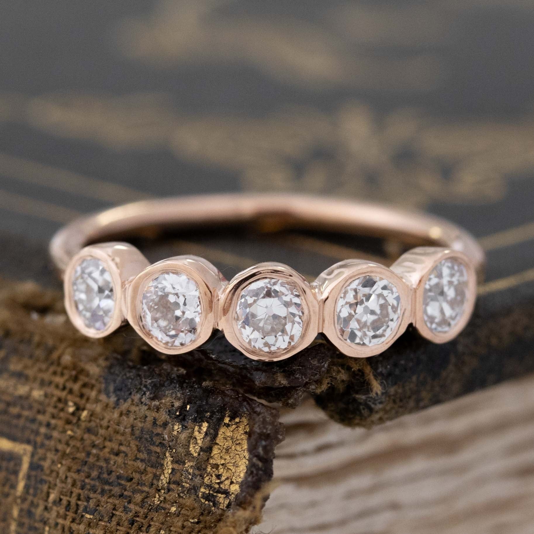 .89ctw Old European Cut Diamond 5-Stone Bezel Band with Old European Cut Diamonds in rose gold, antique-inspired one-of-a-kind wedding band