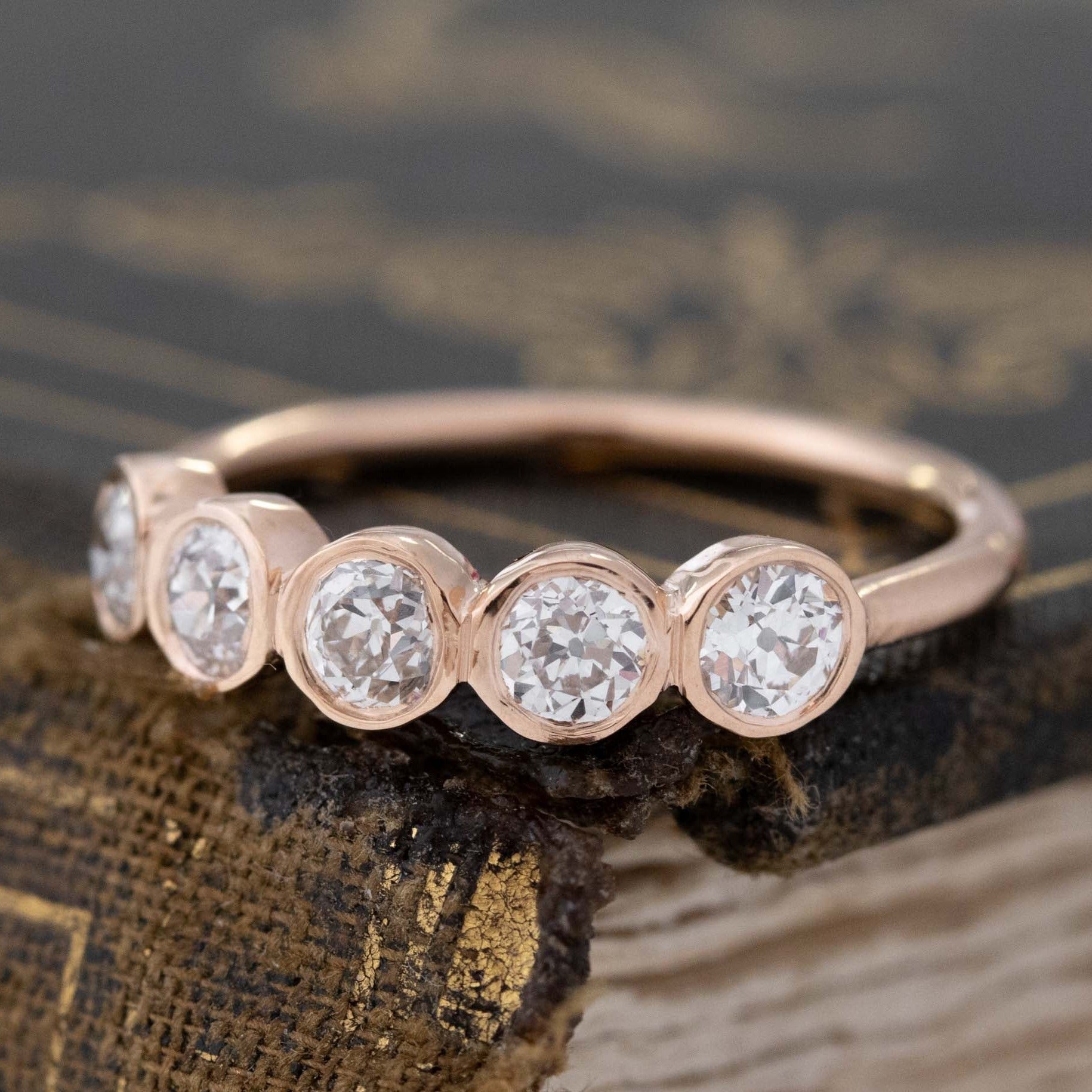 Antique lovers’ .89ctw Old European Cut Diamond 5-Stone Bezel Band in rose gold, featuring rare Earth-mined Old European Cut Diamonds