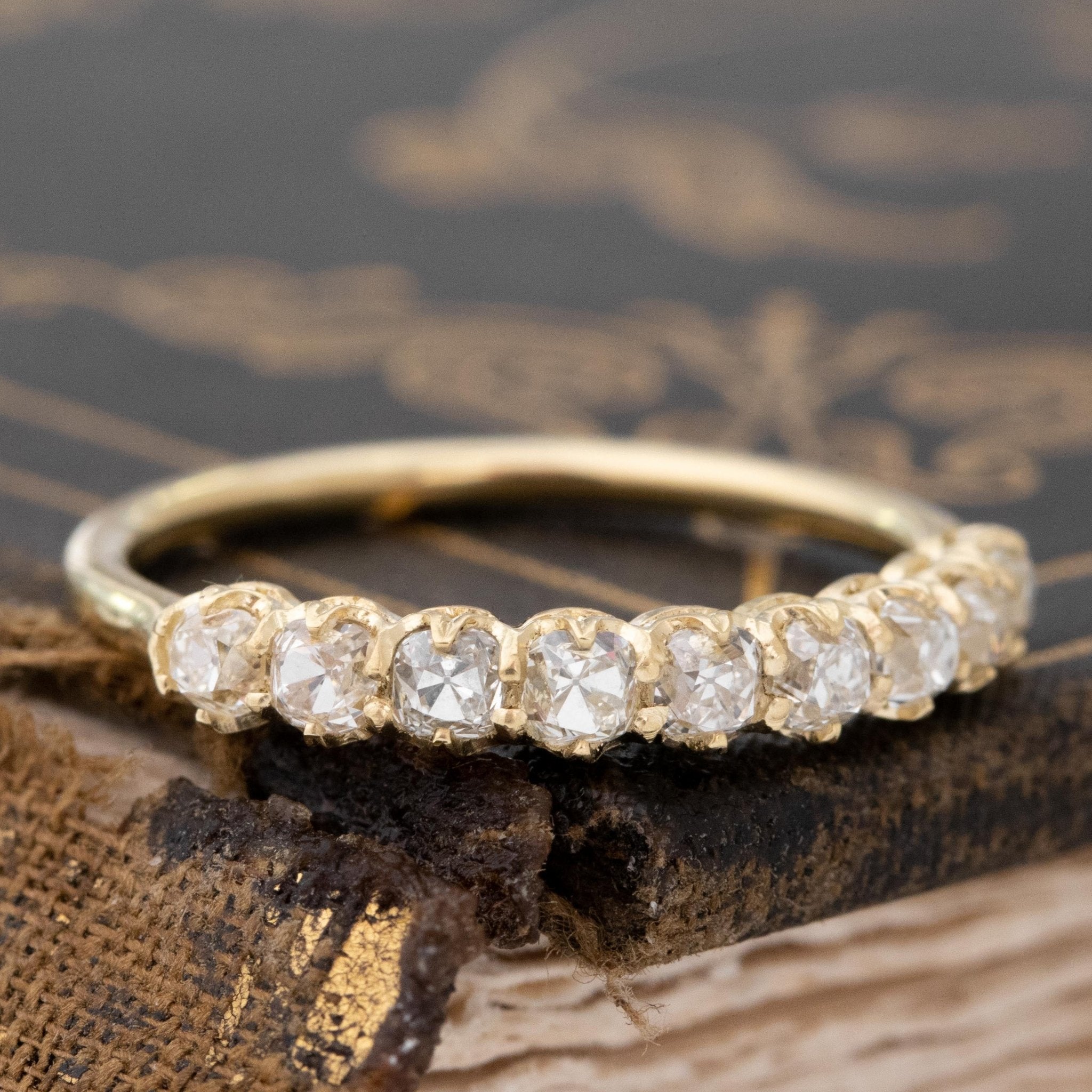 Historic style .89ctw Old Mine Cut Diamond Half-Hoop Band wedding band with Old Mine Cut Diamonds, unique heirloom in yellow gold