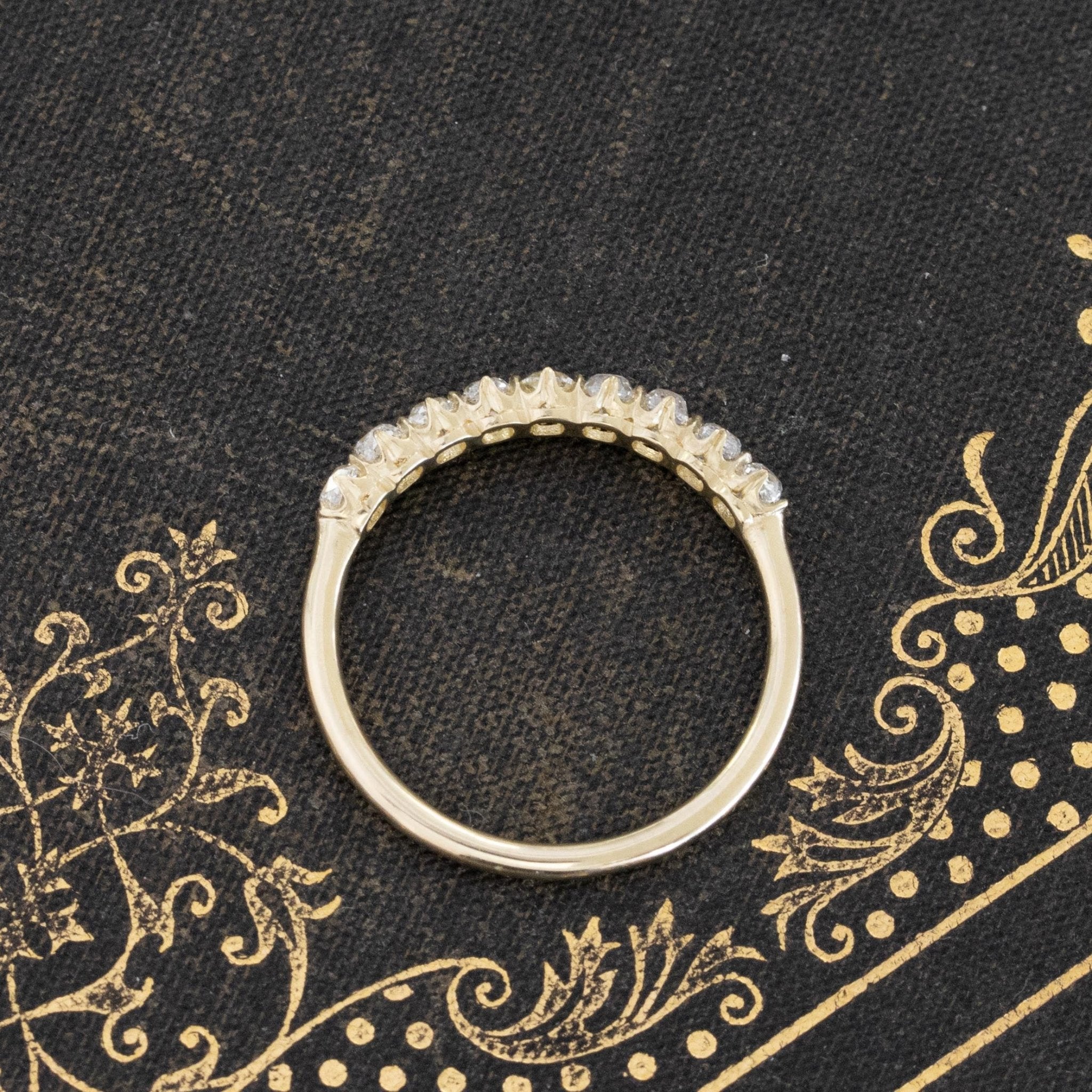 Side view of .89ctw Old Mine Cut Diamond Half-Hoop Band, vintage-inspired band with Old Mine Cut Diamonds, crafted in yellow gold