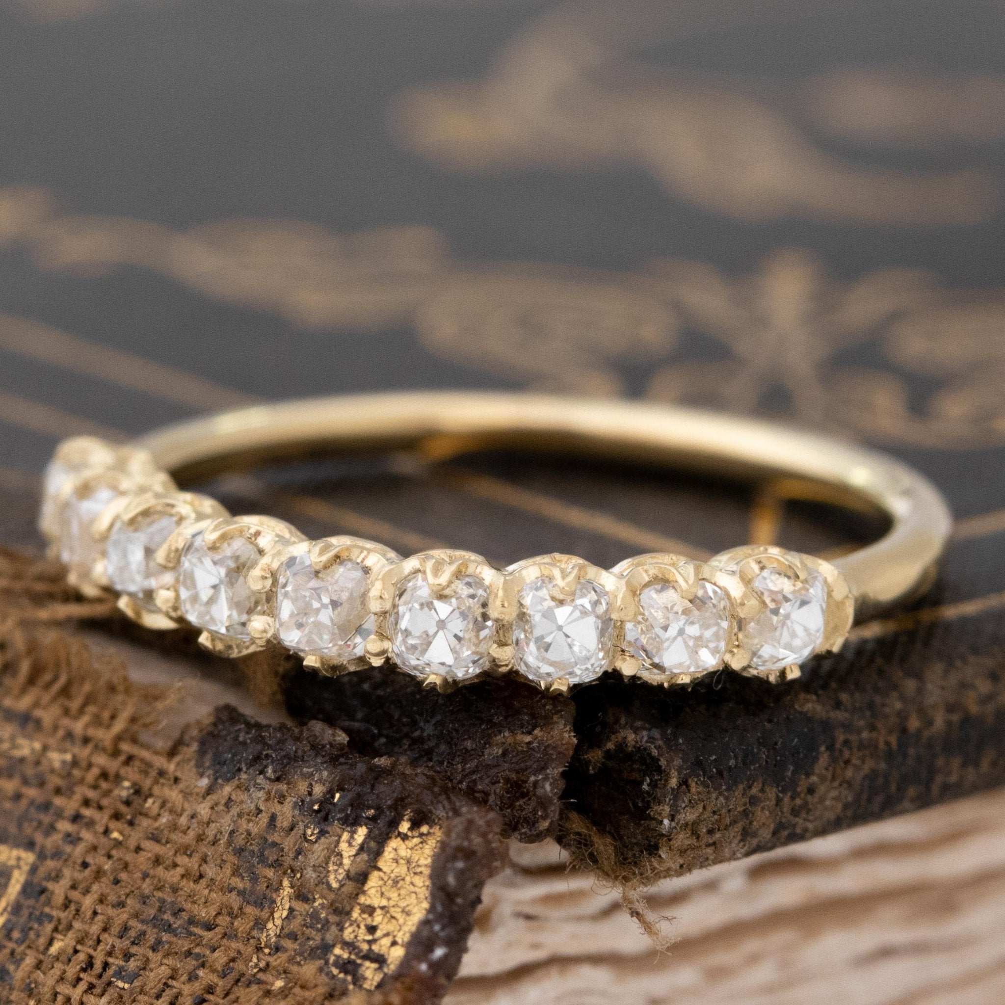 Antique lovers’ .89ctw Old Mine Cut Diamond Half-Hoop Band in yellow gold, featuring rare Earth-mined Old Mine Cut Diamonds