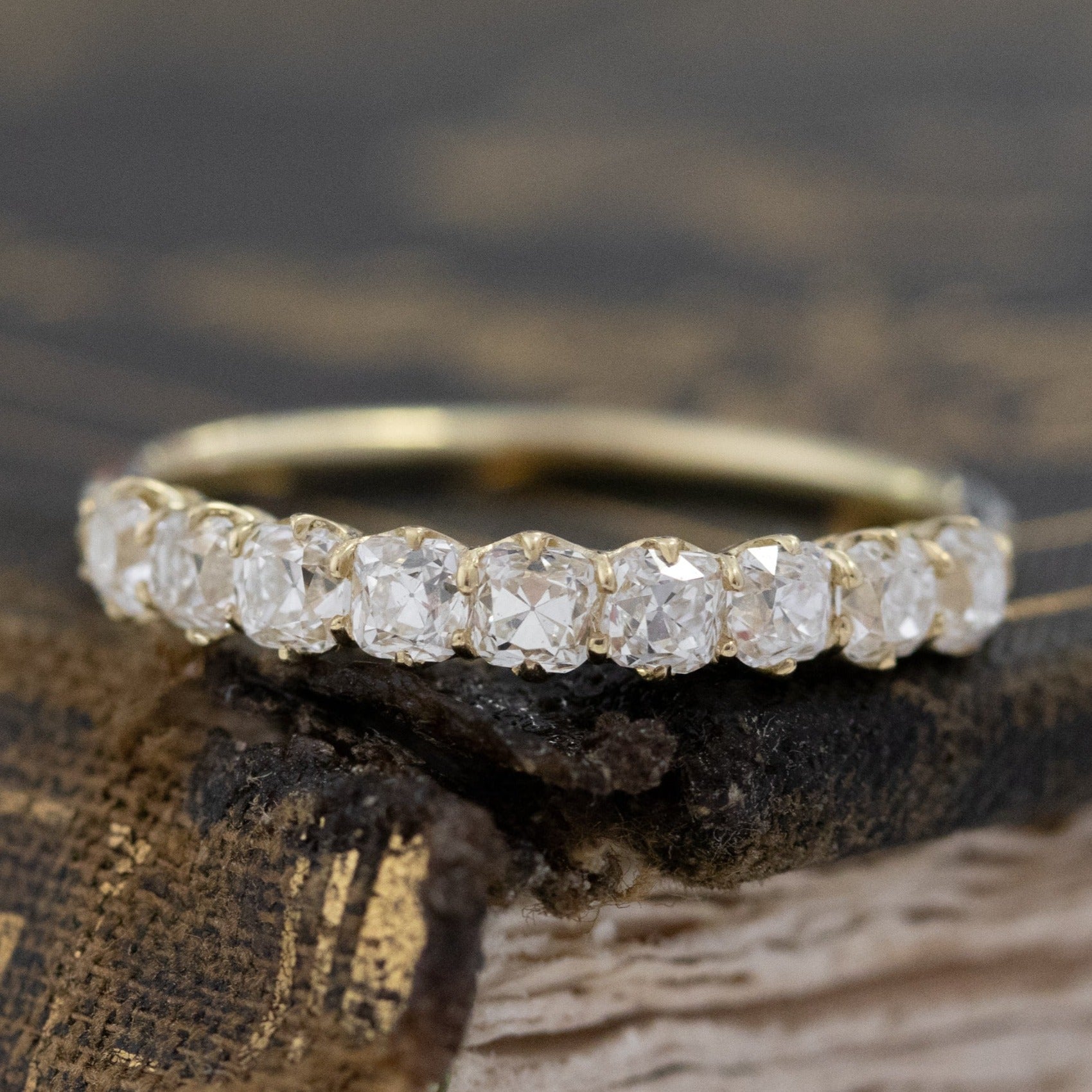 .89ctw Petite Old Mine Cut Diamond Half-Hoop Band with Old Mine Cut Diamonds in yellow gold, antique-inspired one-of-a-kind wedding band