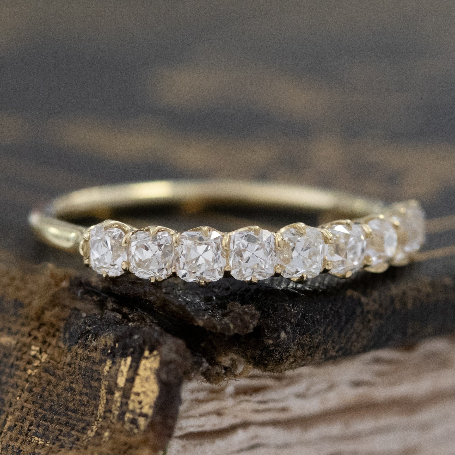 Historic style .89ctw Petite Old Mine Cut Diamond Half-Hoop Band wedding band with Old Mine Cut Diamonds, unique heirloom in yellow gold