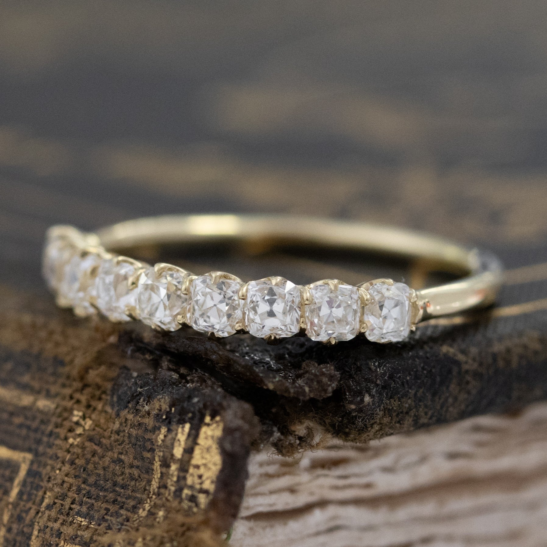 Antique lovers’ .89ctw Petite Old Mine Cut Diamond Half-Hoop Band in yellow gold, featuring rare Earth-mined Old Mine Cut Diamonds