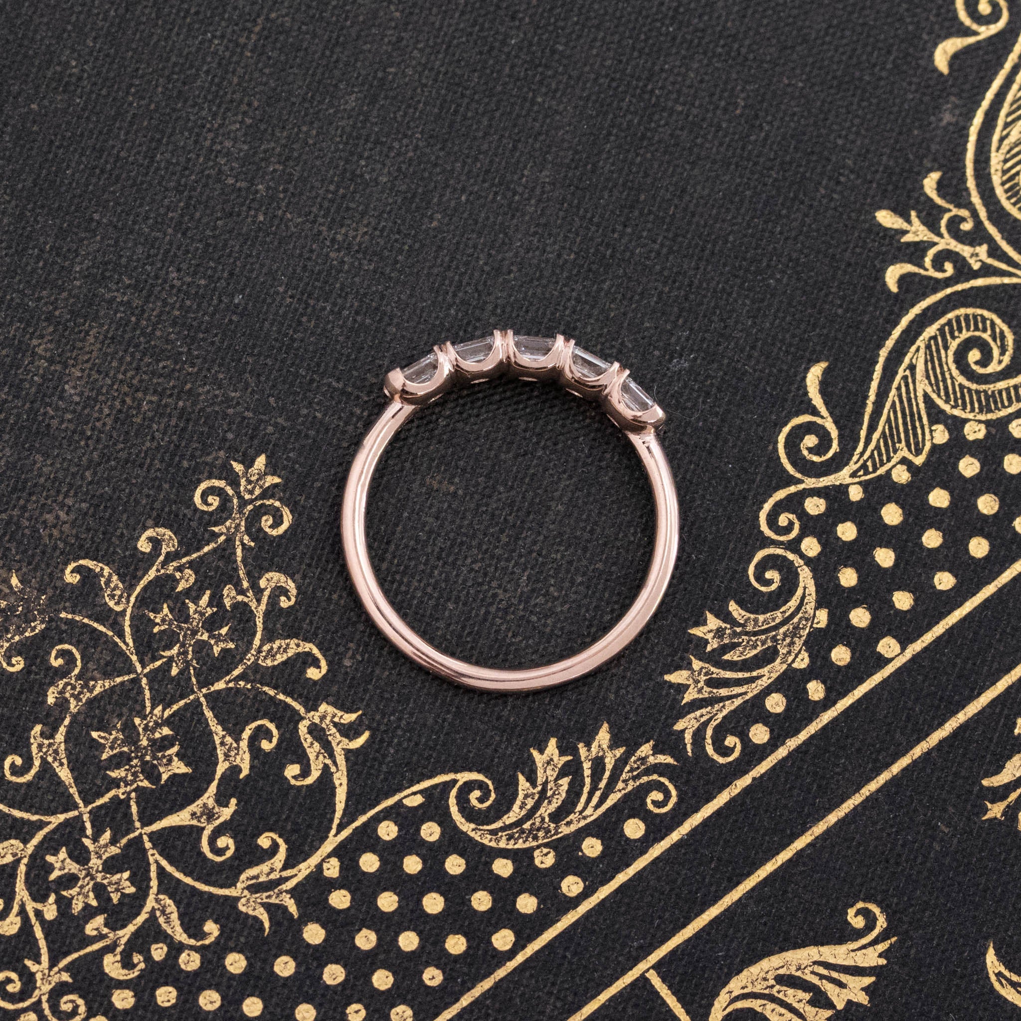 Side view of .90ctw Asscher Cut Diamond 5-Stone Band, vintage-inspired band with Antique Diamonds, crafted in rose gold