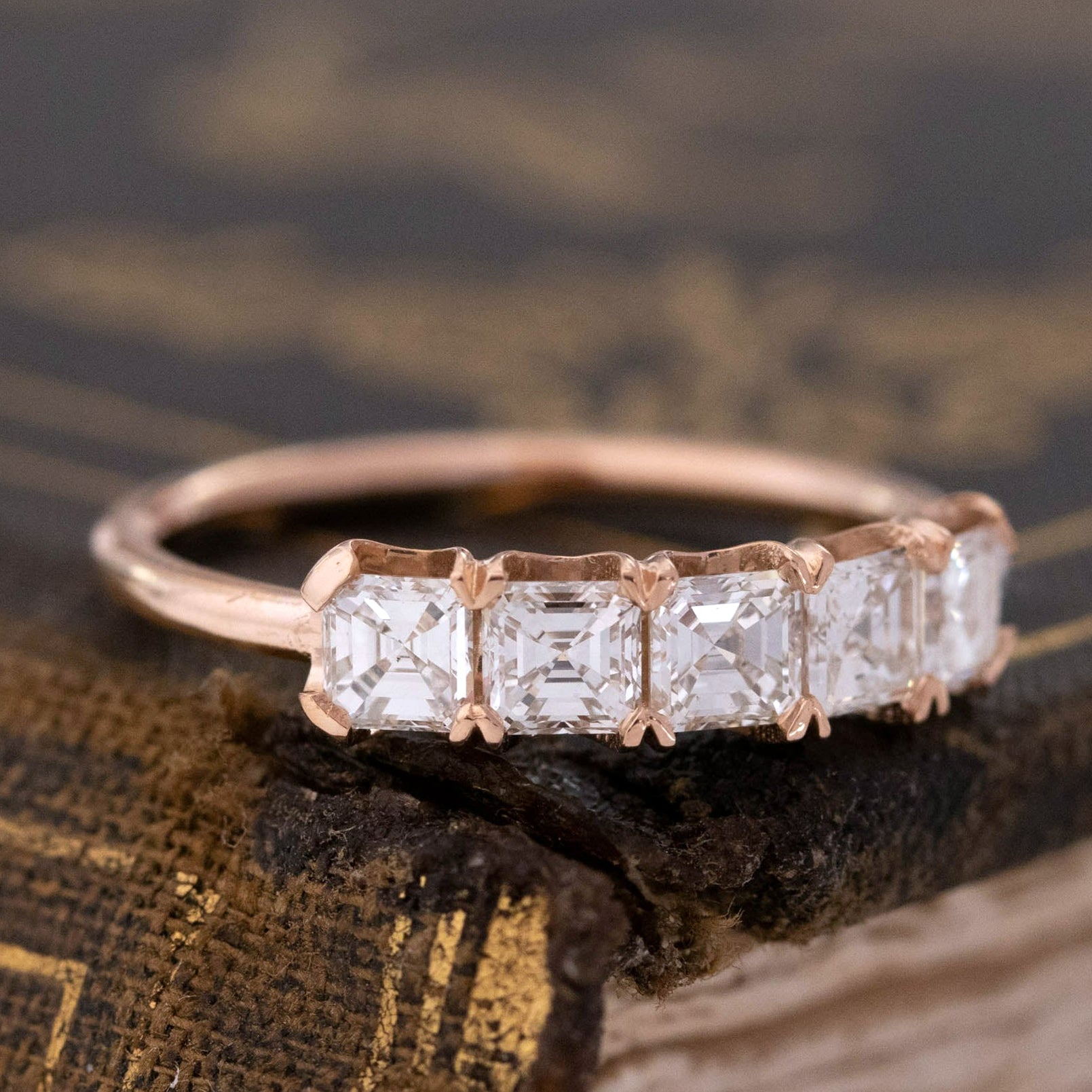 Historic style .90ctw Asscher Cut Diamond 5-Stone Band wedding band with Antique Diamonds, unique heirloom in rose gold