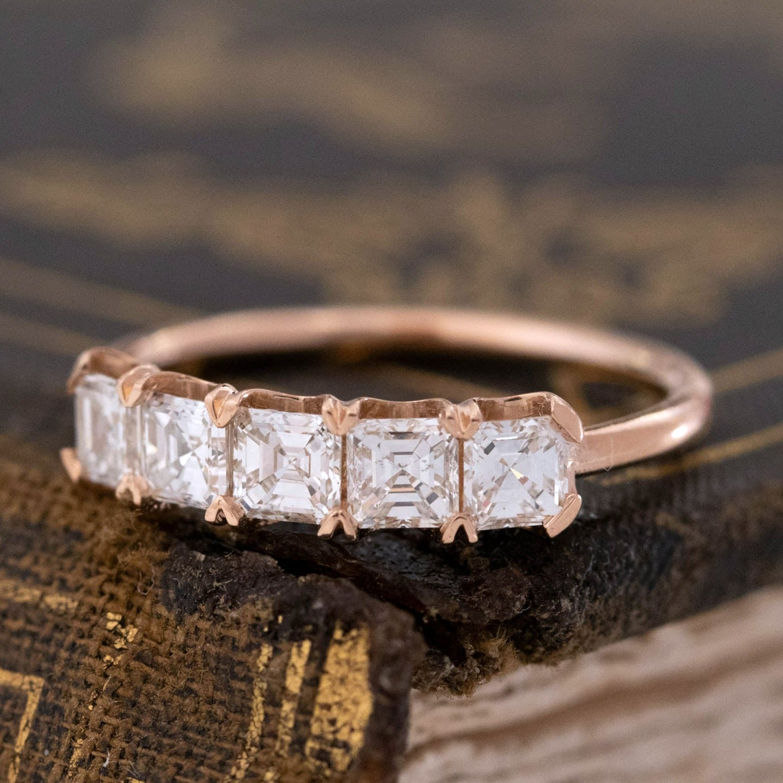 Antique lovers’ .90ctw Asscher Cut Diamond 5-Stone Band in rose gold, featuring rare Earth-mined Antique Diamonds