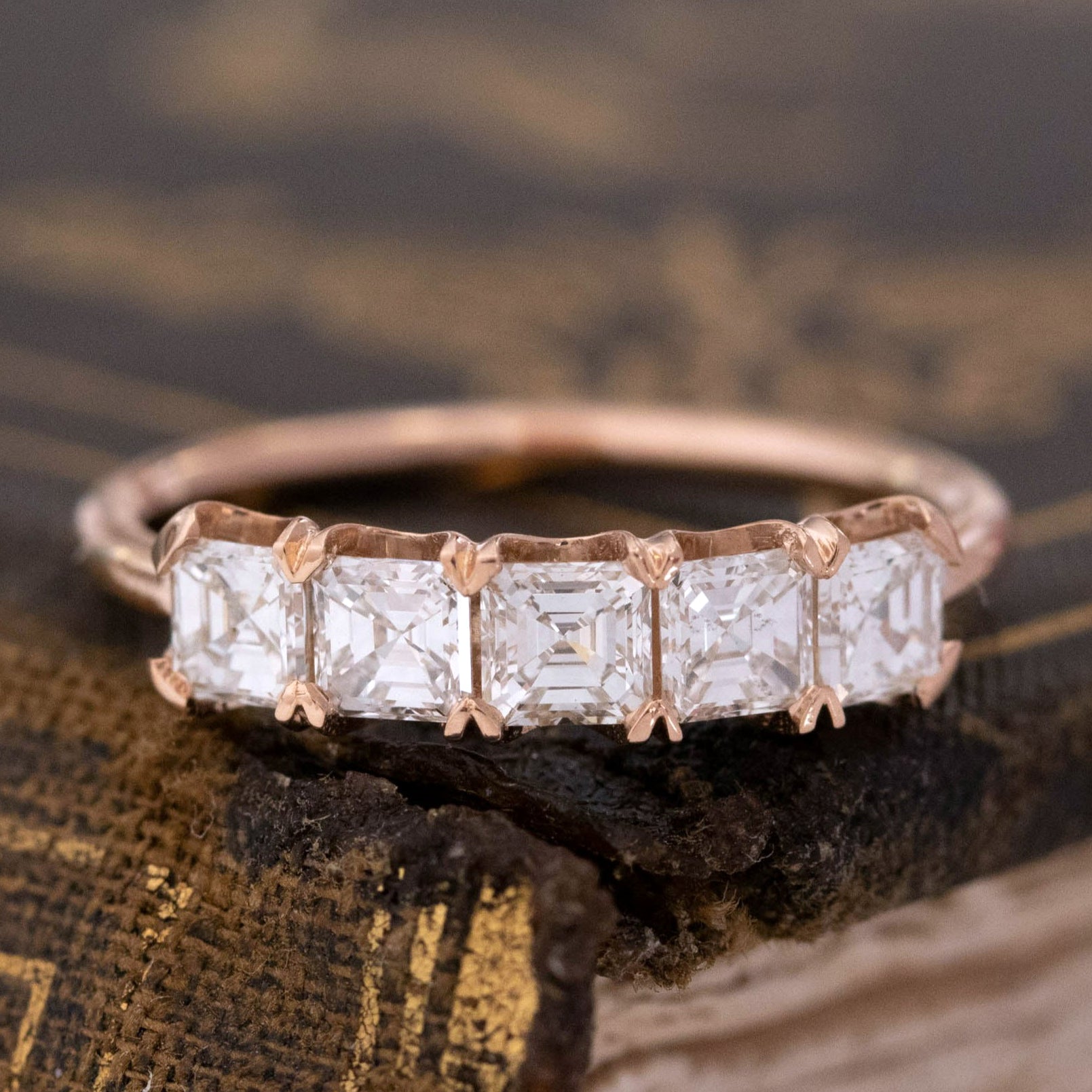 .90ctw Asscher Cut Diamond 5-Stone Band with Antique Diamonds in rose gold, antique-inspired one-of-a-kind wedding band