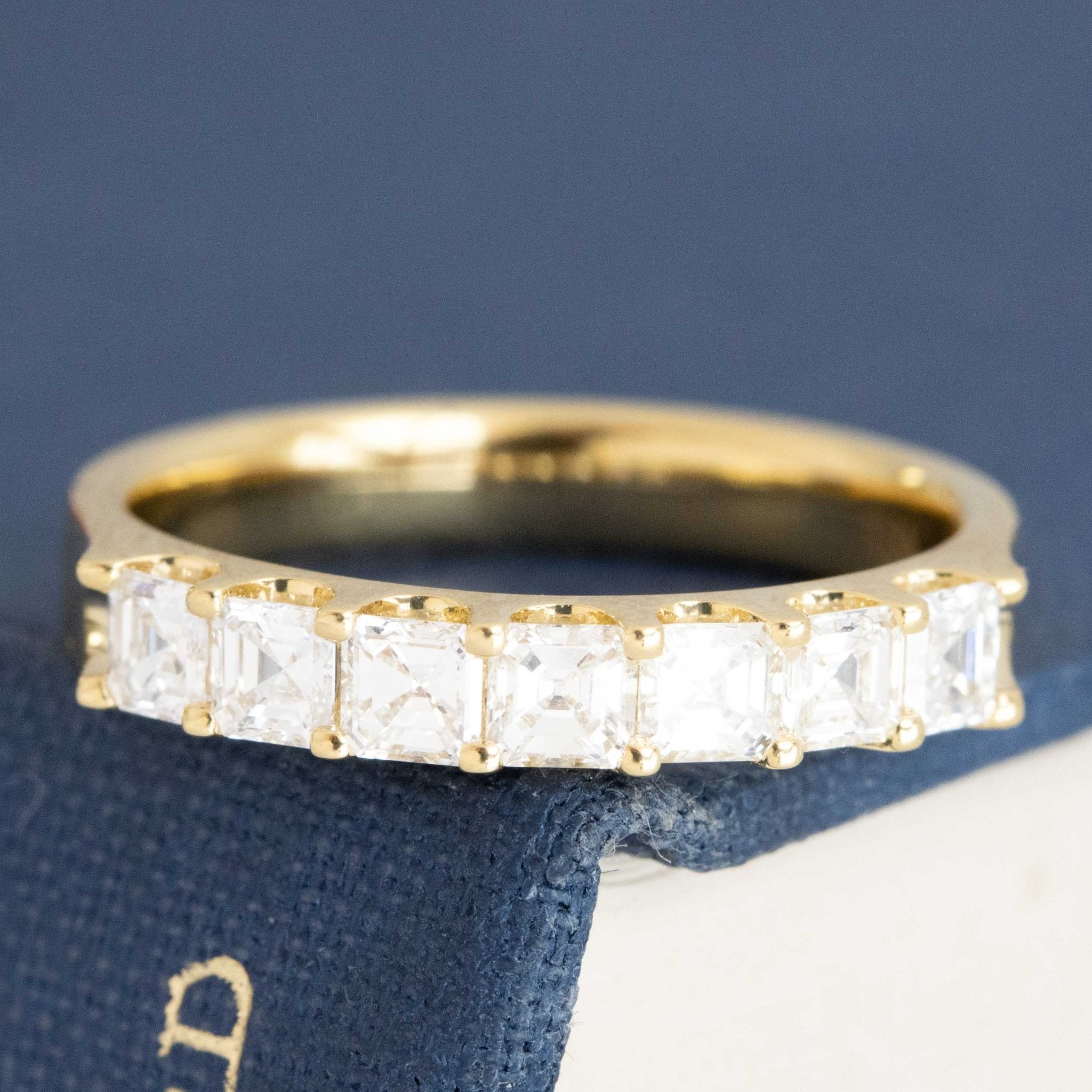 .90ctw Asscher Cut Diamond 7-Stone Band with Antique Diamonds in yellow gold, antique-inspired one-of-a-kind wedding band