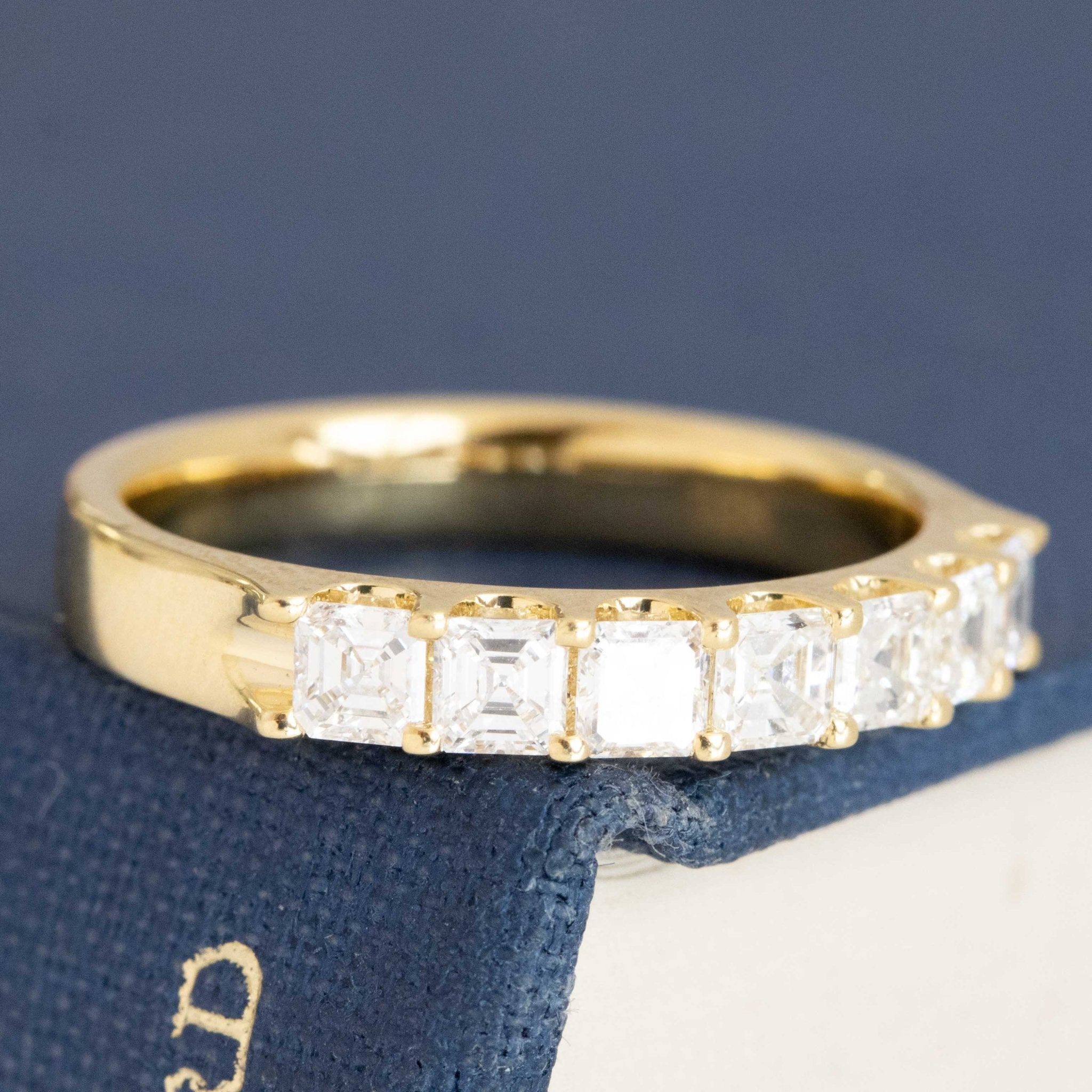 Historic style .90ctw Asscher Cut Diamond 7-Stone Band wedding band with Antique Diamonds, unique heirloom in yellow gold