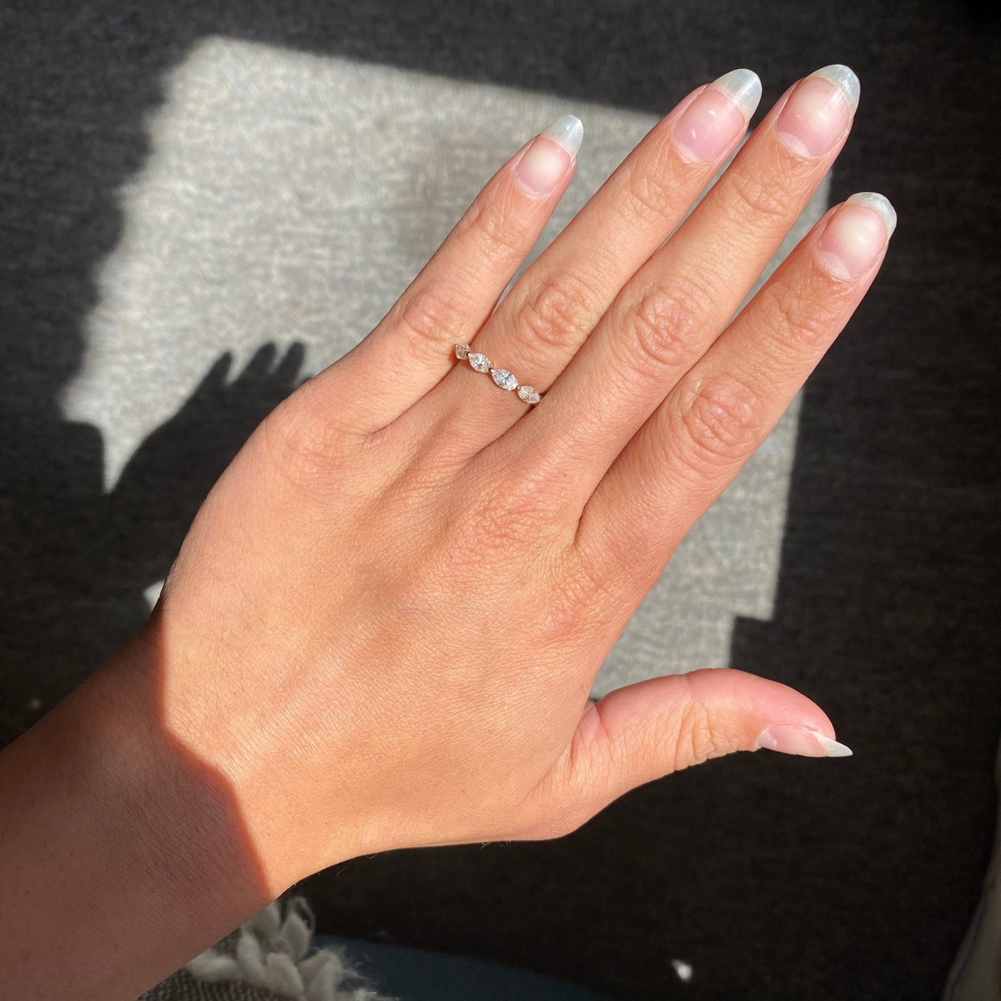 Elegant .90ctw Marquise Cut 5-Stone Diamond Band, romantic design with Antique Diamonds, Earth-mined diamonds in rose gold shown on ring finger
