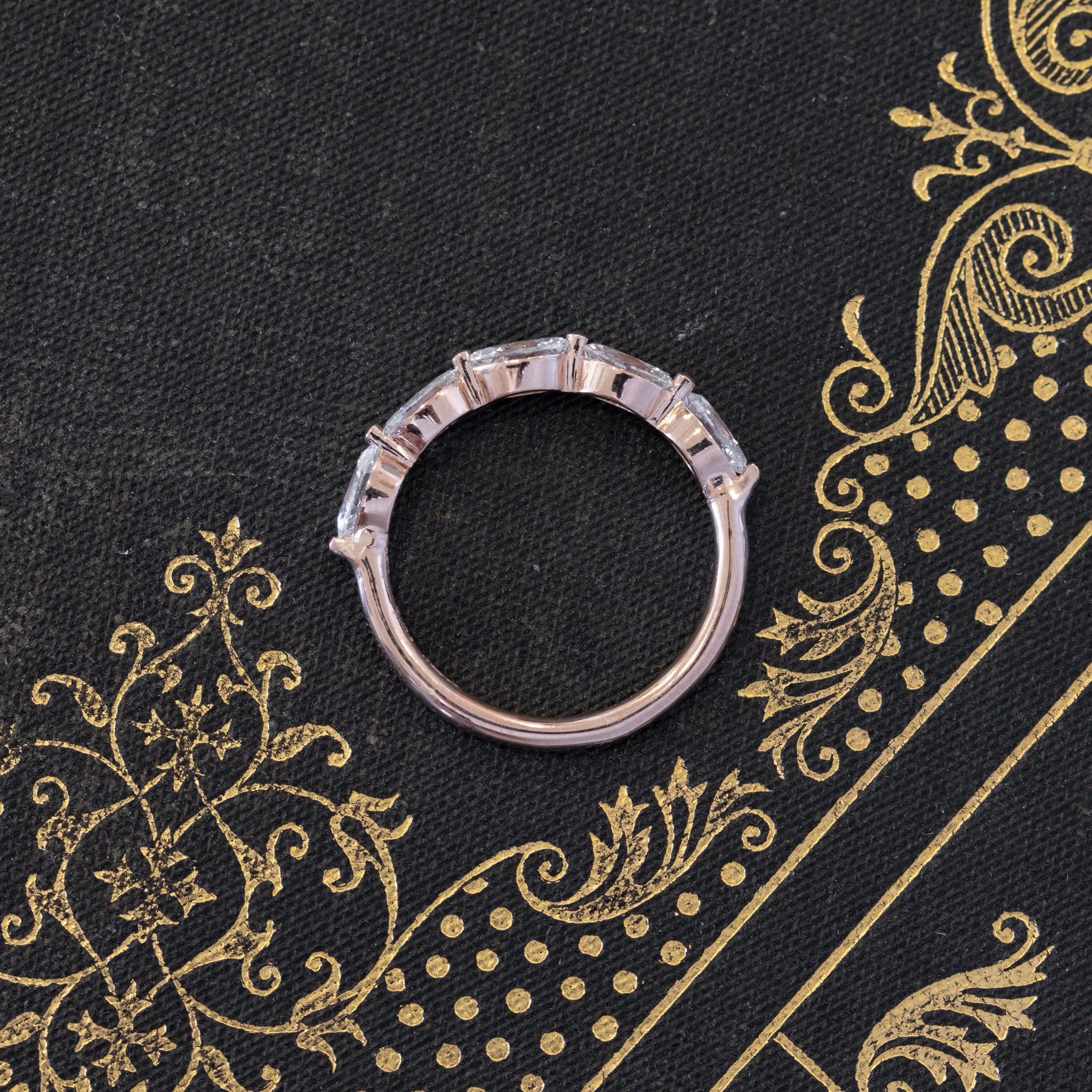 Side view of .90ctw Marquise Cut 5-Stone Diamond Band, vintage-inspired band with Antique Diamonds, crafted in rose gold