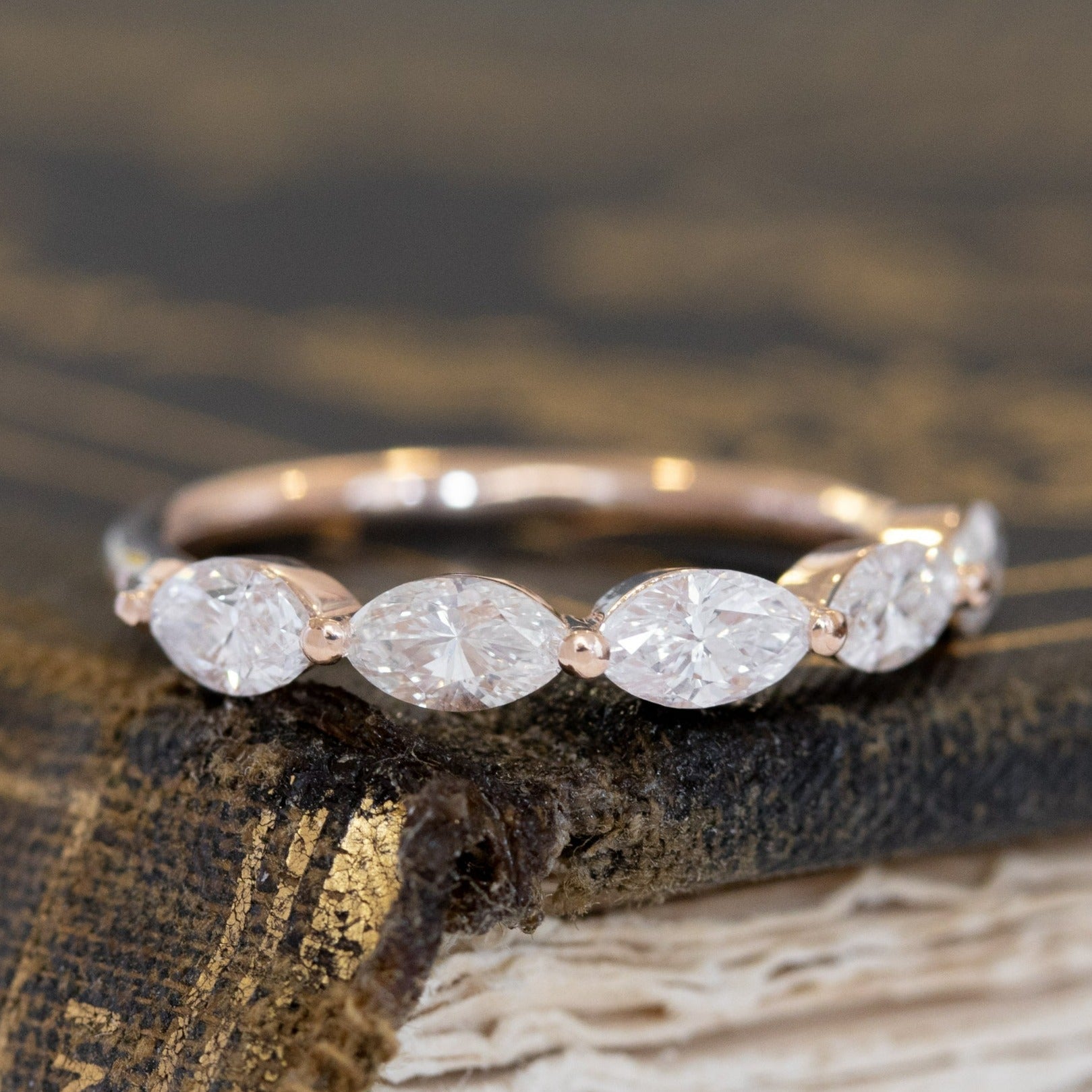 Antique lovers’ .90ctw Marquise Cut 5-Stone Diamond Band in rose gold, featuring rare Earth-mined Antique Diamonds