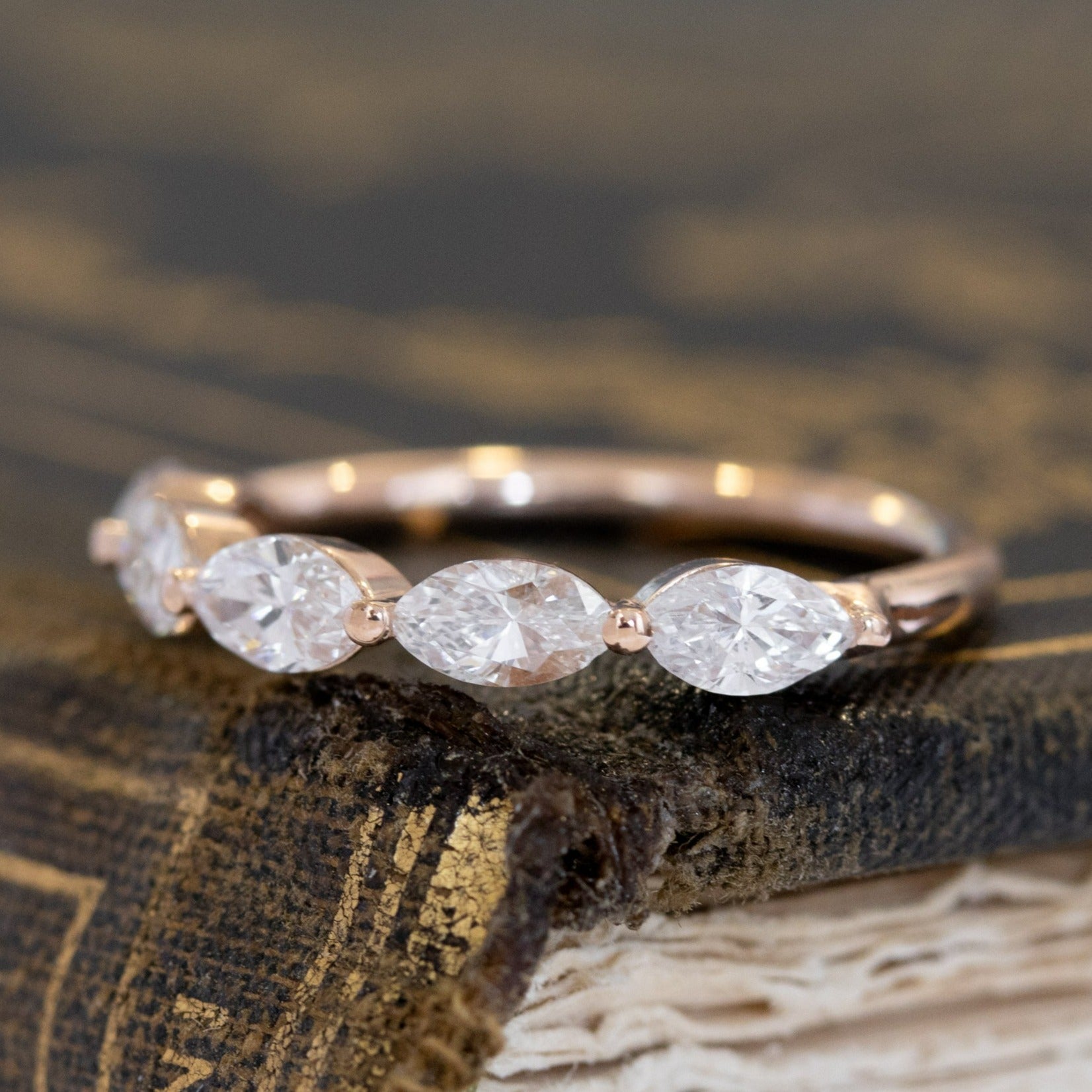 Historic style .90ctw Marquise Cut 5-Stone Diamond Band wedding band with Antique Diamonds, unique heirloom in rose gold