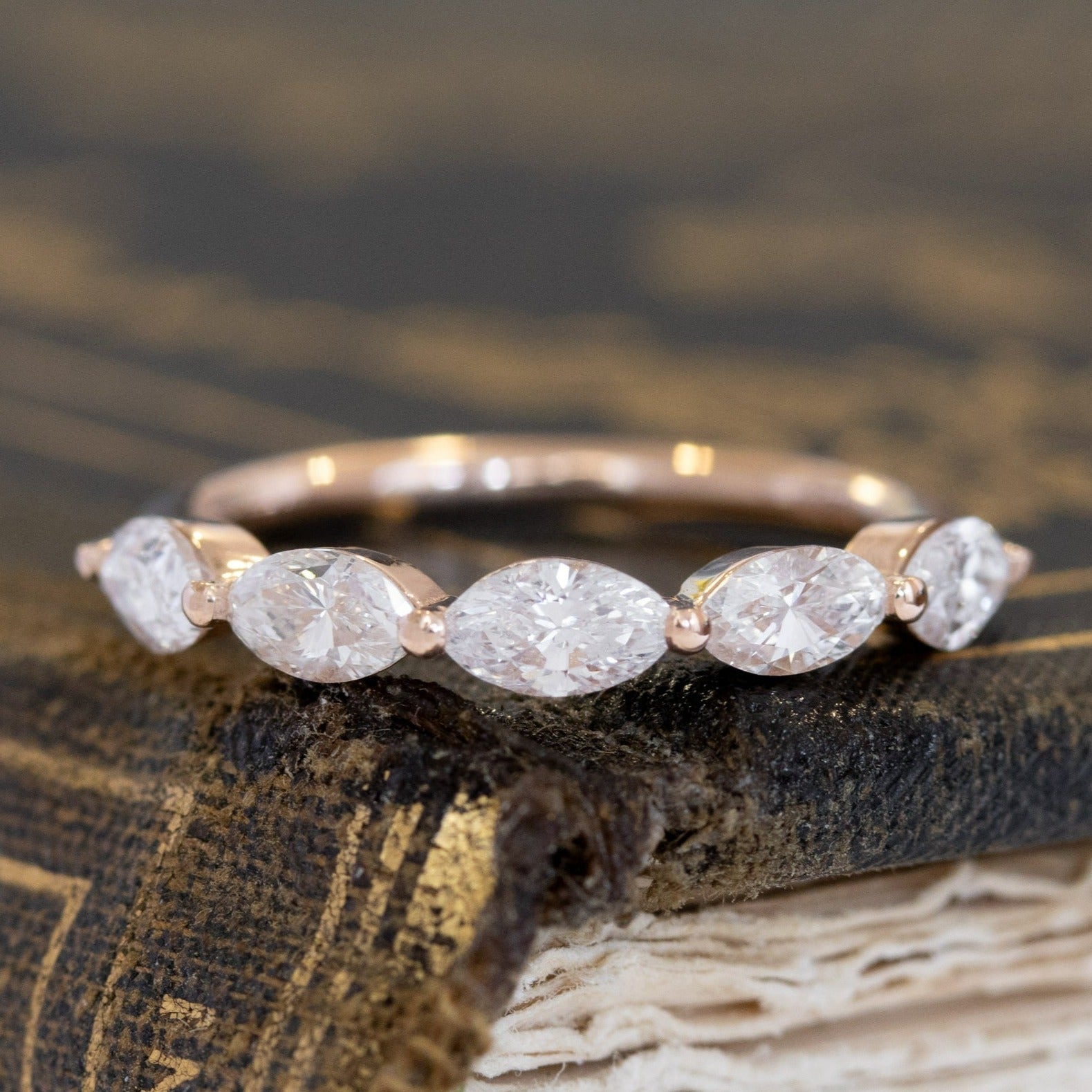 .90ctw Marquise Cut 5-Stone Diamond Band with Antique Diamonds in rose gold, antique-inspired one-of-a-kind wedding band