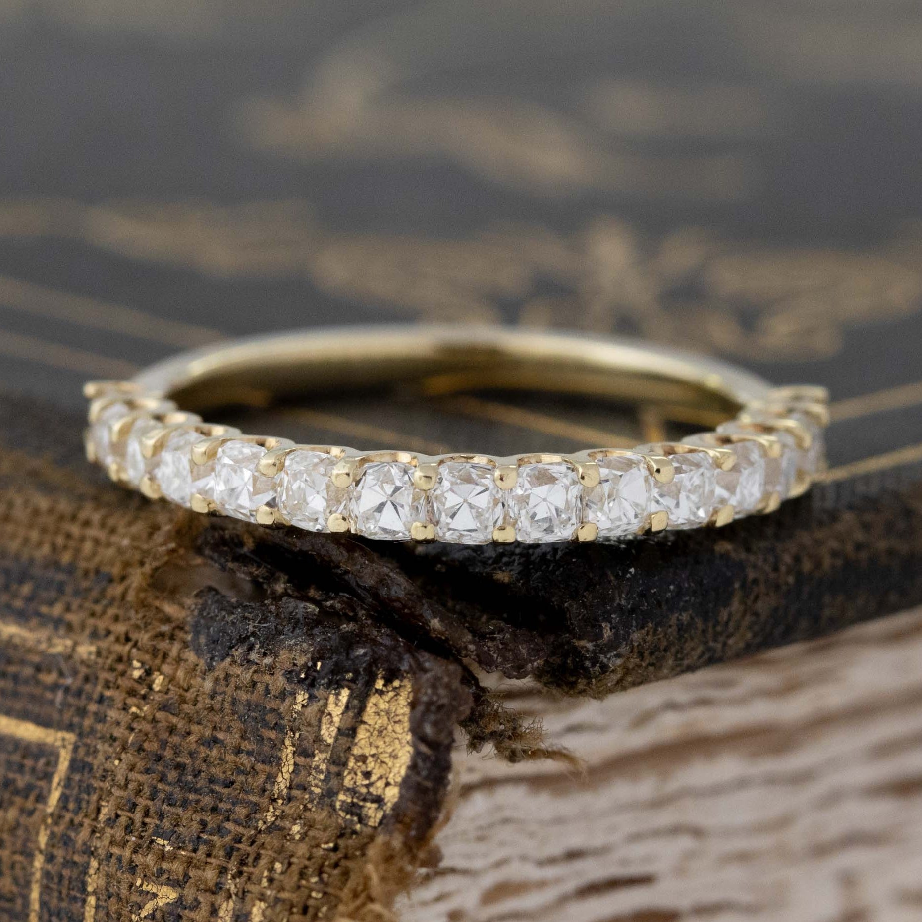 .90ctw Petite Old Mine Cut Diamond Half-Eternity Band with Old Mine Cut Diamonds in yellow gold, antique-inspired one-of-a-kind wedding band