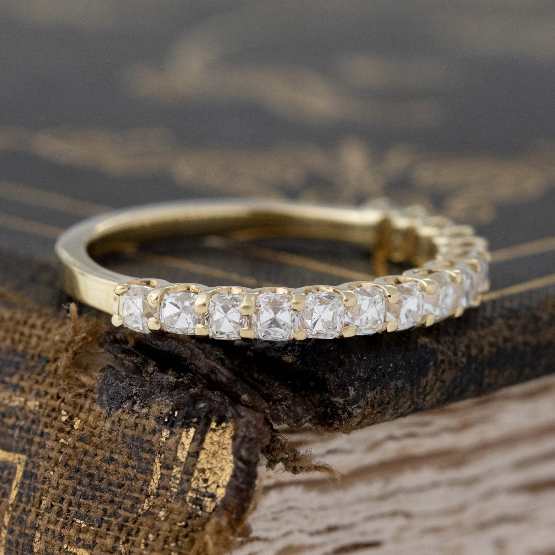 Historic style .90ctw Petite Old Mine Cut Diamond Half-Eternity Band wedding band with Old Mine Cut Diamonds, unique heirloom in yellow gold