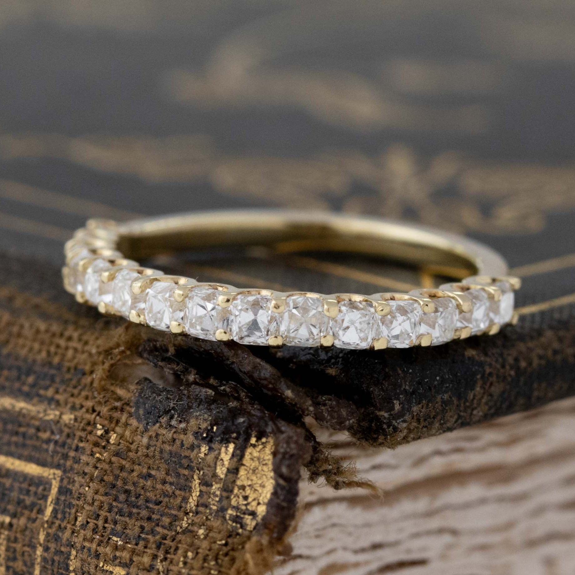 Antique lovers’ .90ctw Petite Old Mine Cut Diamond Half-Eternity Band in yellow gold, featuring rare Earth-mined Old Mine Cut Diamonds