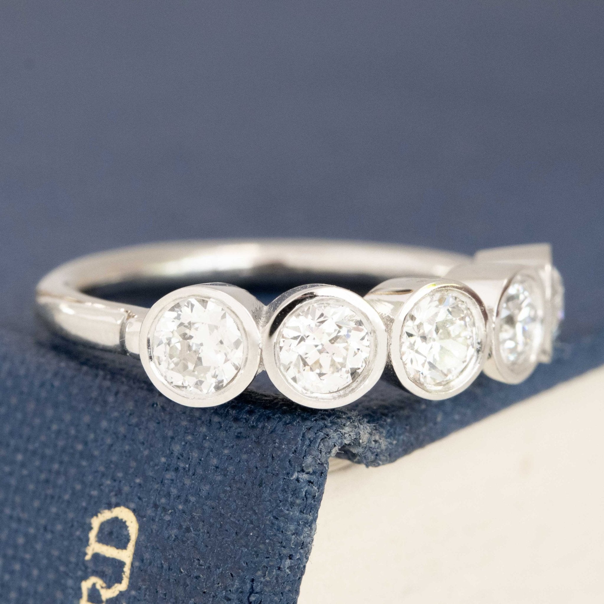 Historic style .93ctw Old European Cut Diamond 5-Stone Bezel Band wedding band with Old European Cut Diamonds, unique heirloom in platinum