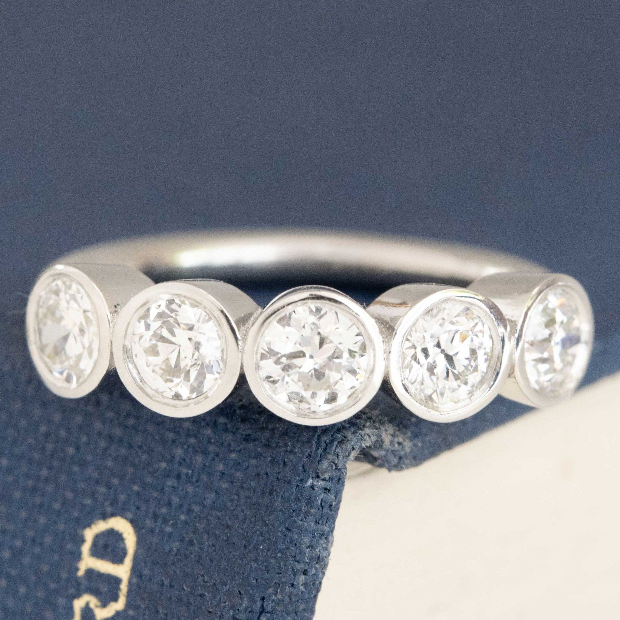 .93ctw Old European Cut Diamond 5-Stone Bezel Band with Old European Cut Diamonds in platinum, antique-inspired one-of-a-kind wedding band