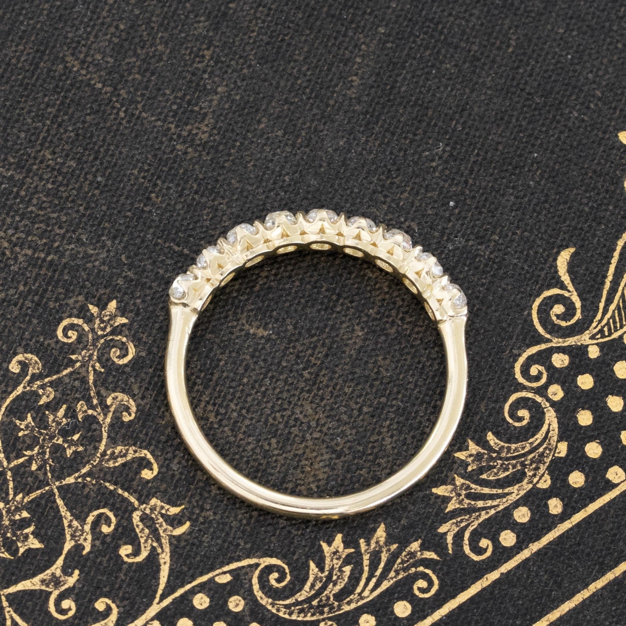 Side view of .93ctw Old Mine Cut Diamond Half-Hoop Band, vintage-inspired band with Old Mine Cut Diamonds, crafted in yellow gold