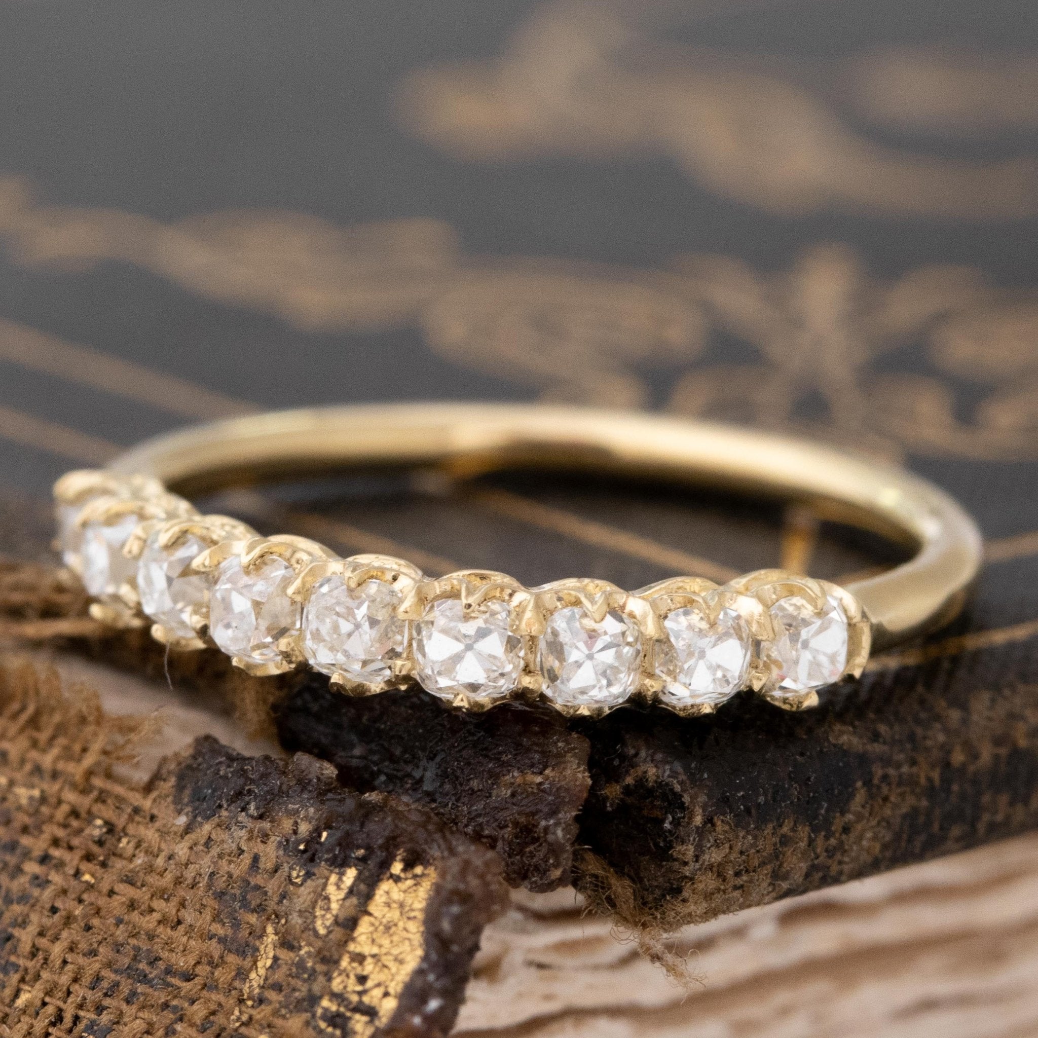 Antique lovers’ .93ctw Old Mine Cut Diamond Half-Hoop Band in yellow gold, featuring rare Earth-mined Old Mine Cut Diamonds