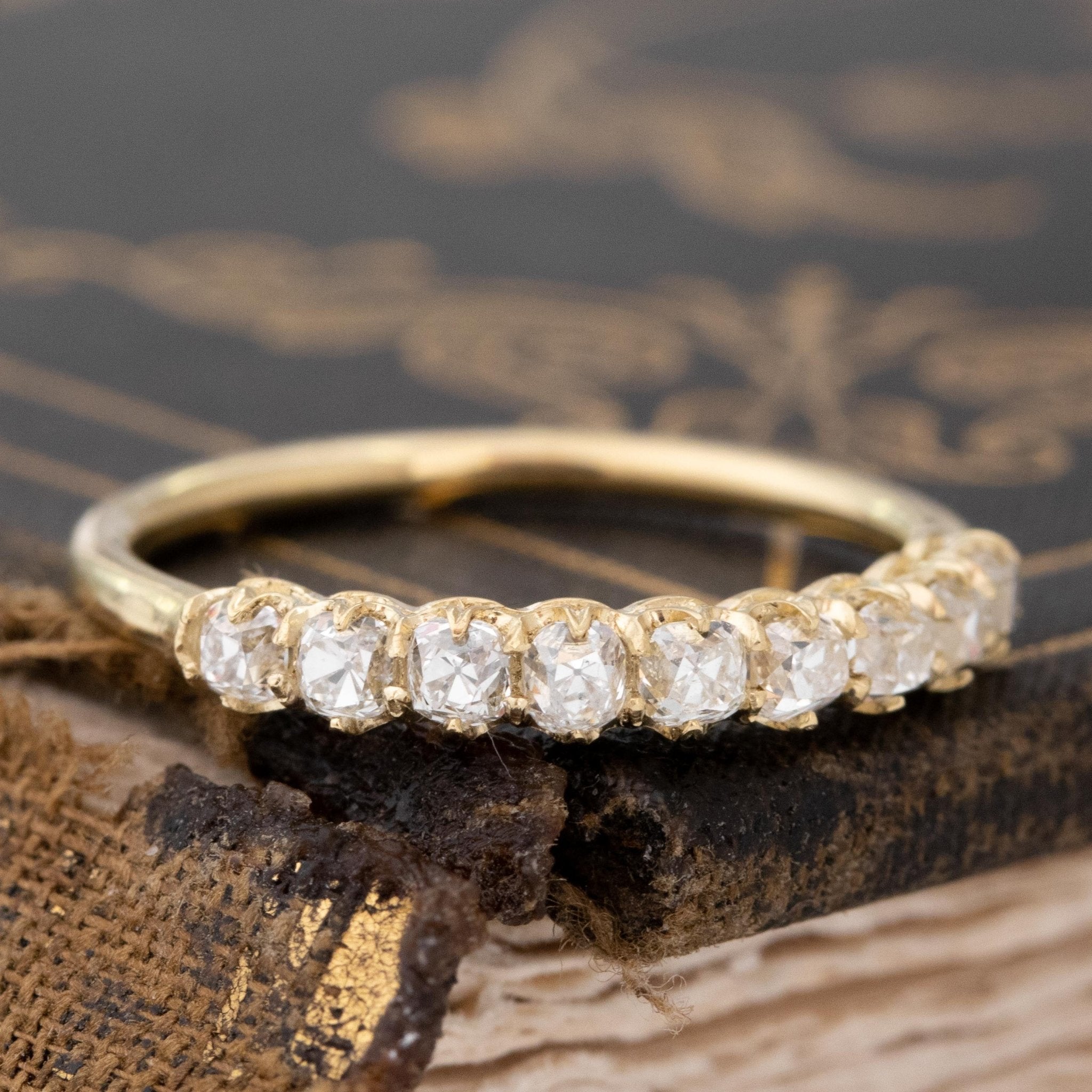Historic style .93ctw Old Mine Cut Diamond Half-Hoop Band wedding band with Old Mine Cut Diamonds, unique heirloom in yellow gold