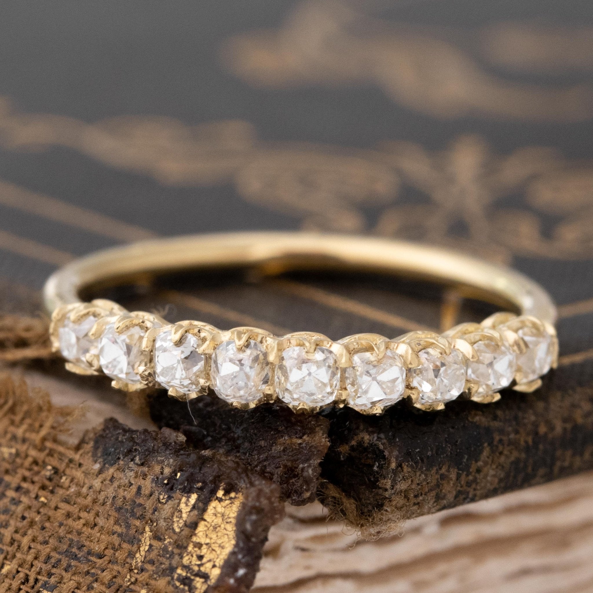.93ctw Old Mine Cut Diamond Half-Hoop Band with Old Mine Cut Diamonds in yellow gold, antique-inspired one-of-a-kind wedding band