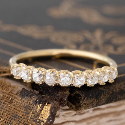 .93ctw Old Mine Cut Diamond Half-Hoop Band with Old Mine Cut Diamonds in yellow gold, antique-inspired one-of-a-kind wedding band