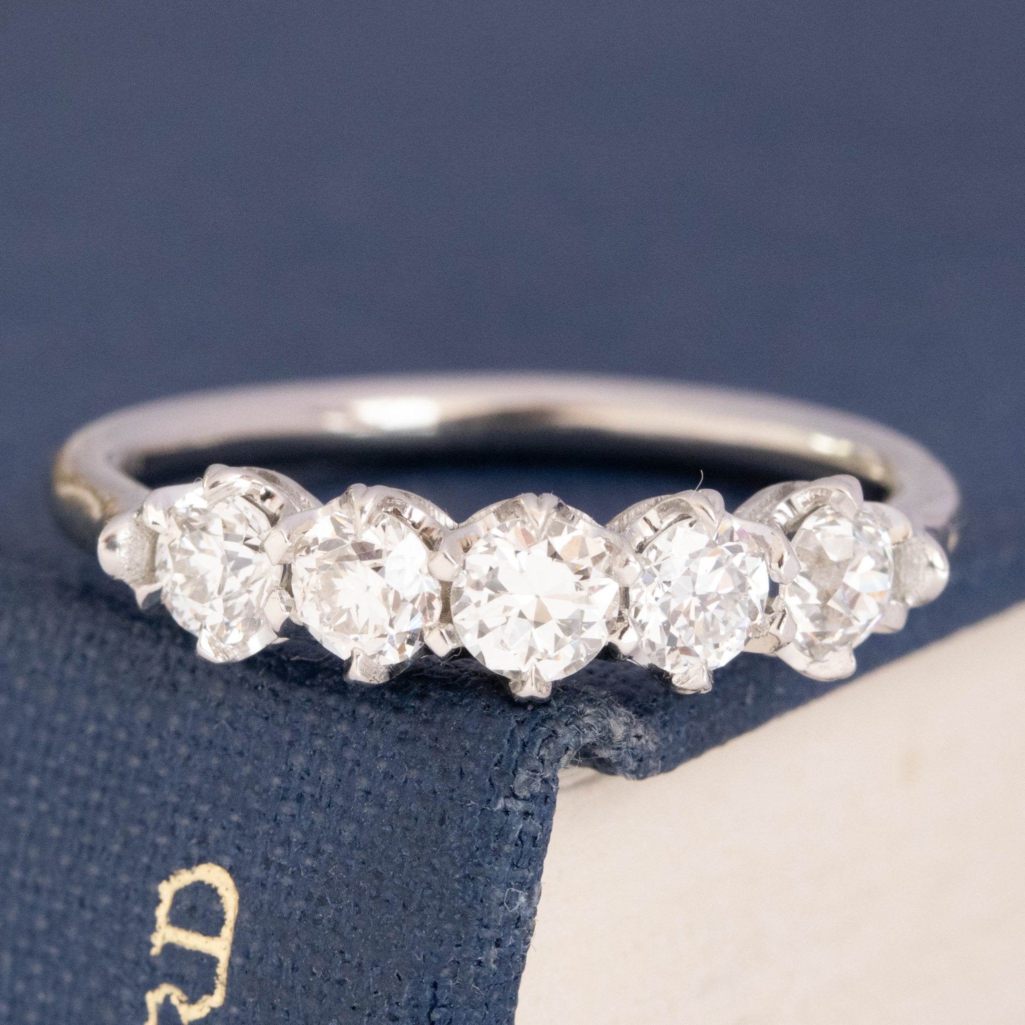 .94ctw Petite Old European Cut Diamond 5-Stone Band with Old European Cut Diamonds in platinum, antique-inspired one-of-a-kind wedding band