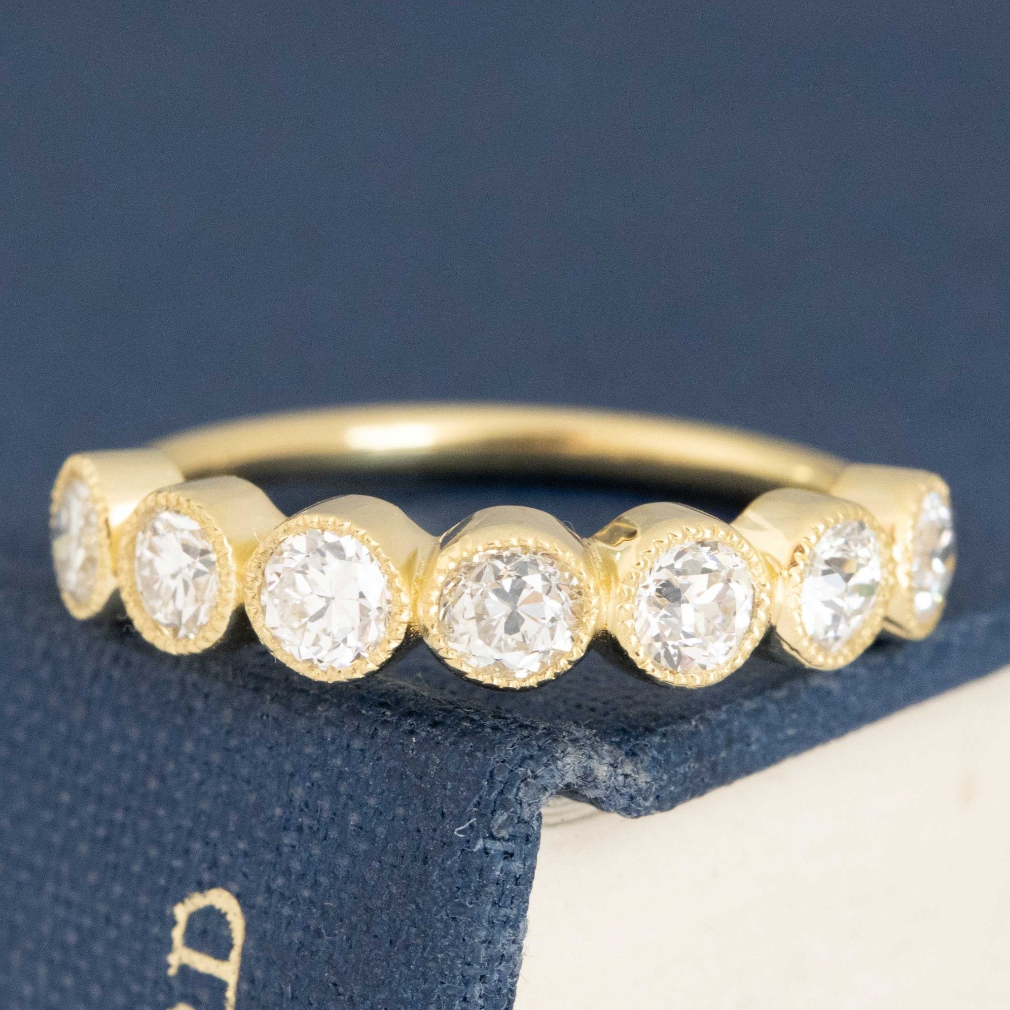 .94ctw Petite Old European Cut Diamond Half-Hoop Bezel Band with Old European Cut Diamonds in yellow gold, antique-inspired one-of-a-kind wedding band
