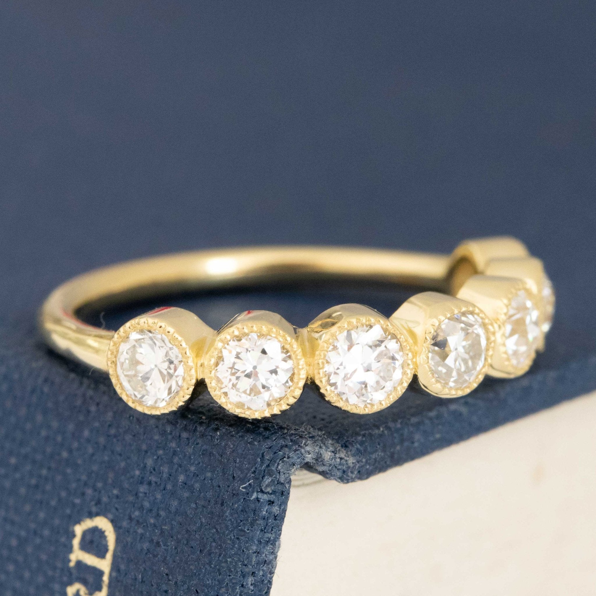 Historic style .94ctw Petite Old European Cut Diamond Half-Hoop Bezel Band wedding band with Old European Cut Diamonds, unique heirloom in yellow gold