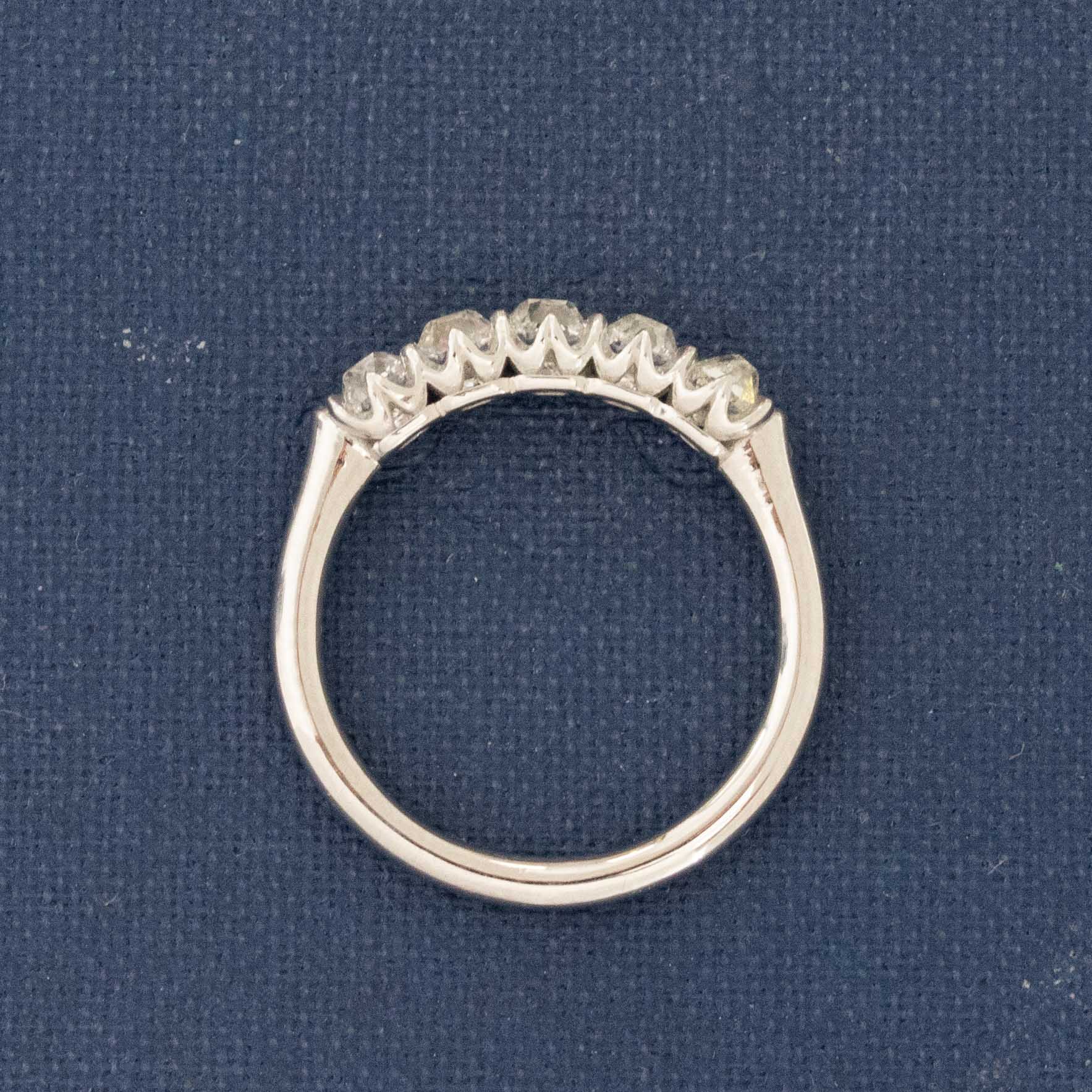 Side view of .94ctw Petite Old Mine Cut Diamond 5-Stone Band, natural Earth-mined Old Mine Cut Diamonds in platinum