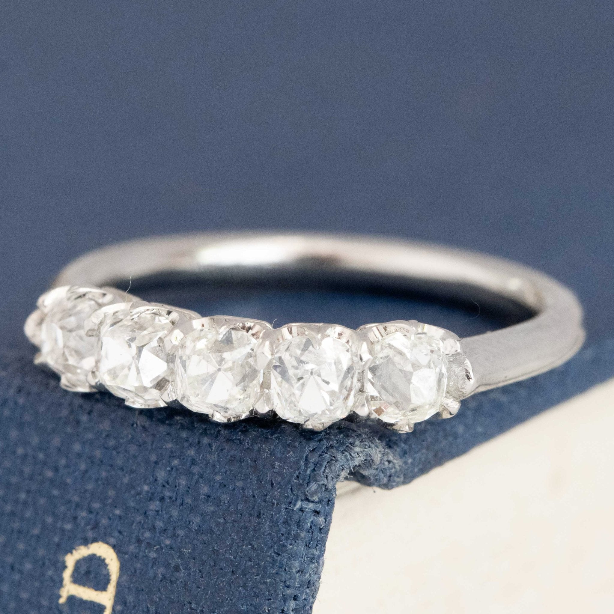 Antique lovers’ .94ctw Petite Old Mine Cut Diamond 5-Stone Band in platinum, featuring rare Earth-mined Old Mine Cut Diamonds