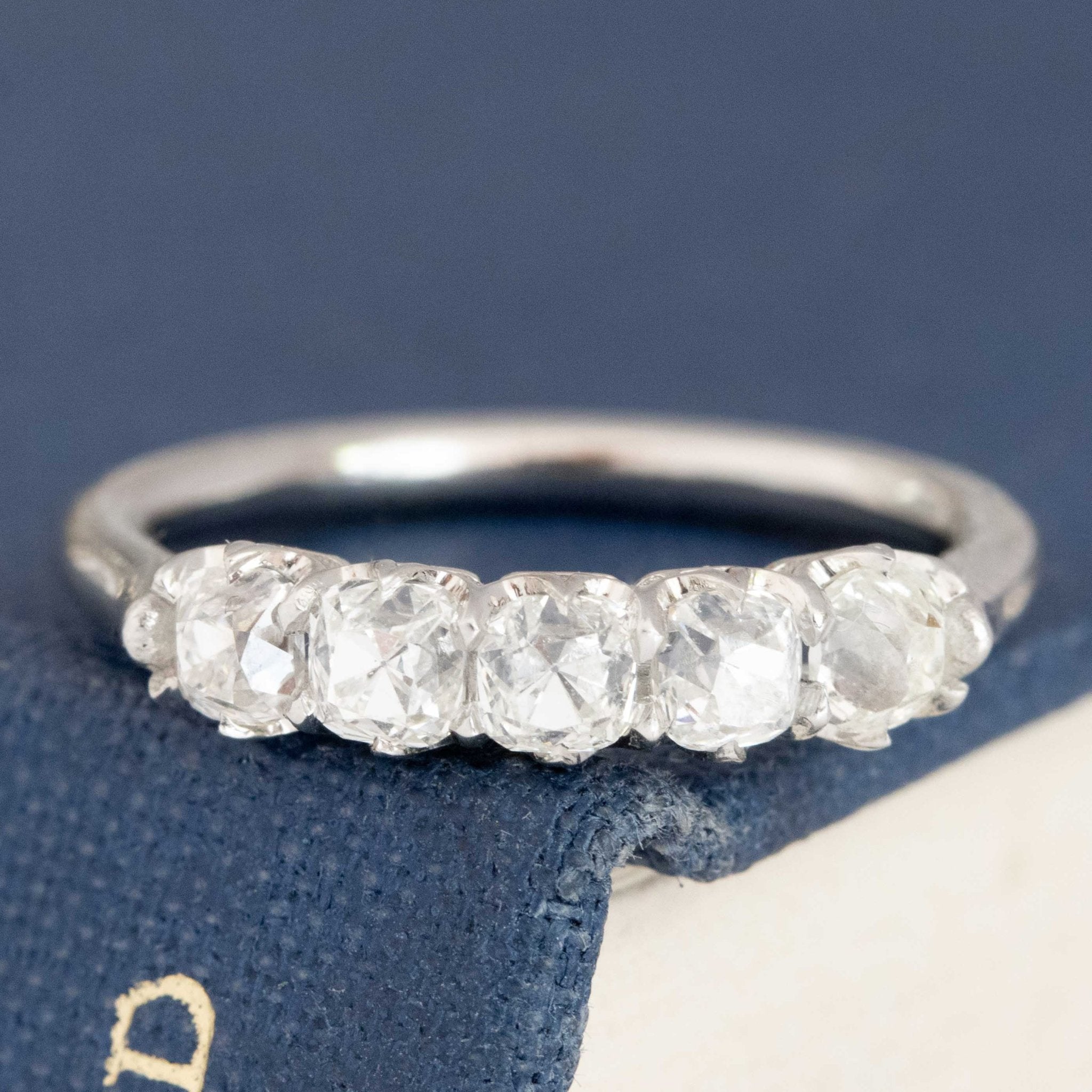 .94ctw Petite Old Mine Cut Diamond 5-Stone Band with Old Mine Cut Diamonds in platinum, antique-inspired one-of-a-kind wedding band