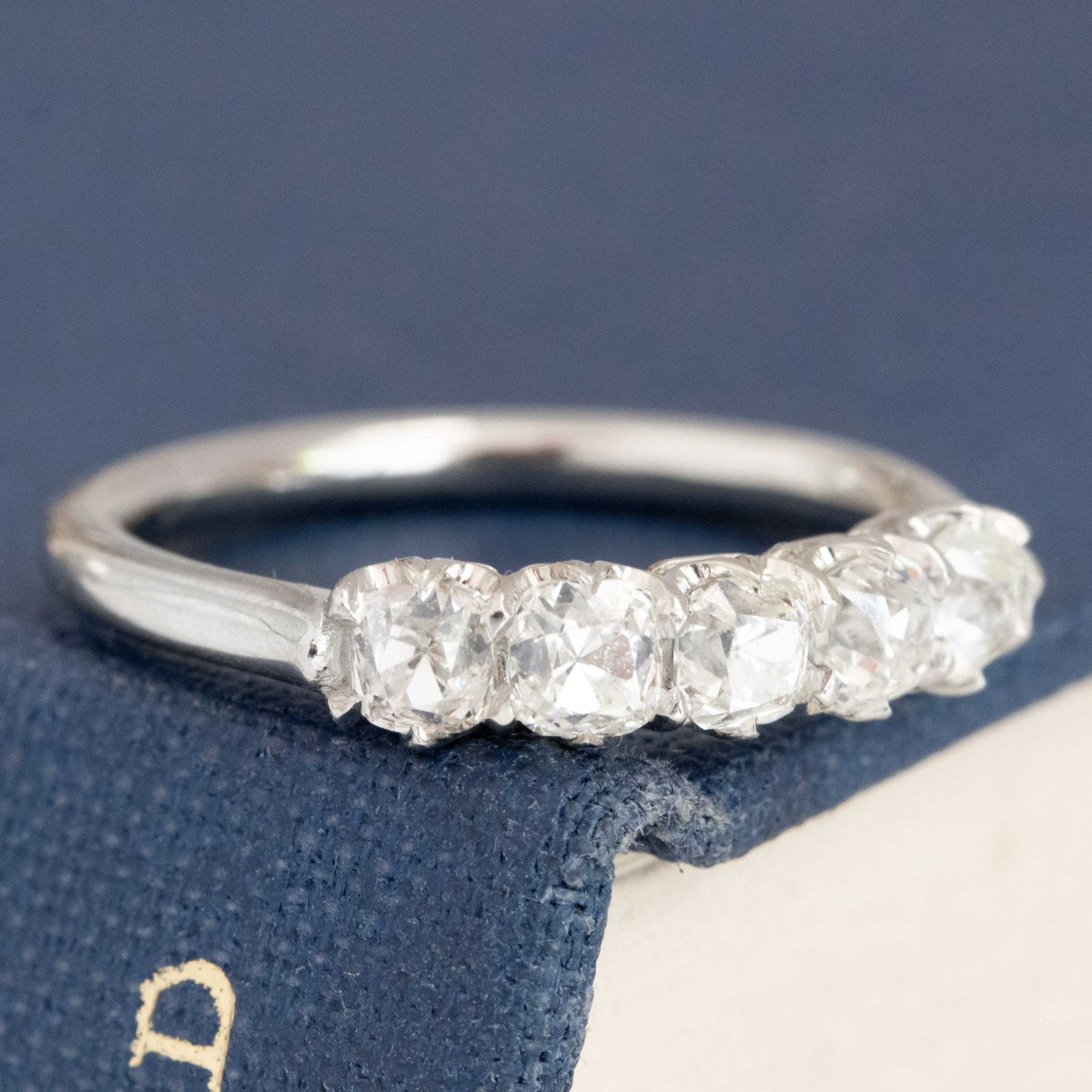 Historic style .94ctw Petite Old Mine Cut Diamond 5-Stone Band wedding band with Old Mine Cut Diamonds, unique heirloom in platinum