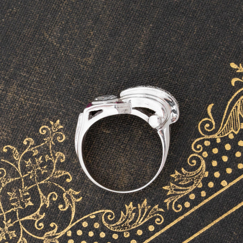 0.95ctw Retro revival hexagon portrait cut diamond and ruby ring in platinum and 14kt white gold – alternate view 6