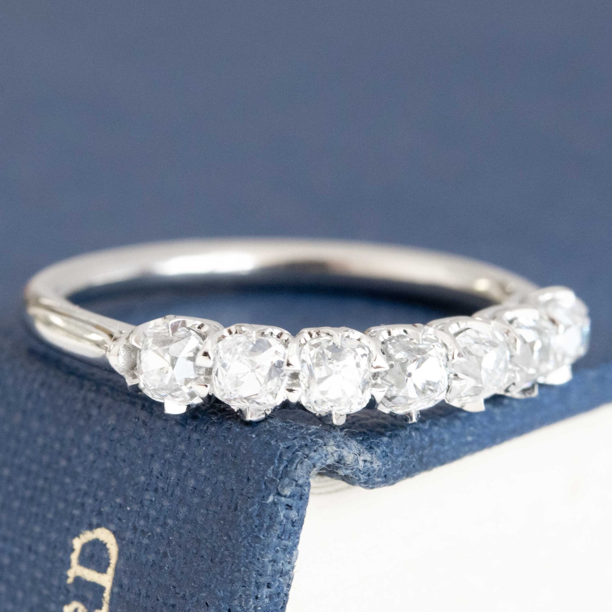 Historic style .95ctw Old Mine Cut Diamond 7-Stone Half-Hoop Band wedding band with Old Mine Cut Diamonds, unique heirloom in platinum