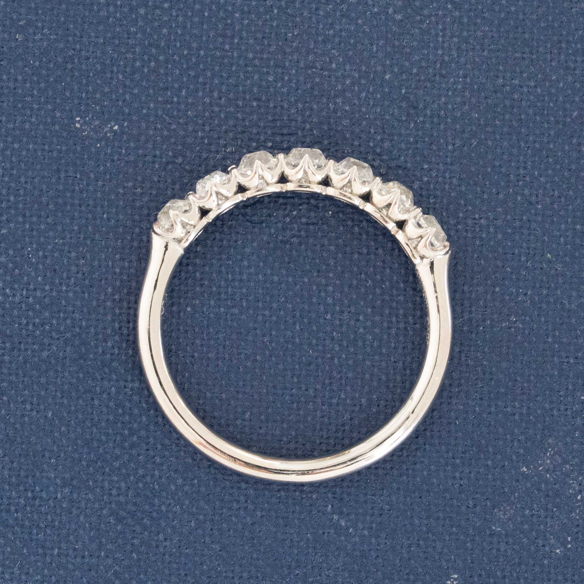 Side view of .95ctw Old Mine Cut Diamond 7-Stone Half-Hoop Band, vintage-inspired band with Old Mine Cut Diamonds, crafted in platinum