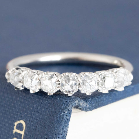 .95ctw Old Mine Cut Diamond 7-Stone Half-Hoop Band with Old Mine Cut Diamonds in platinum, antique-inspired one-of-a-kind wedding band