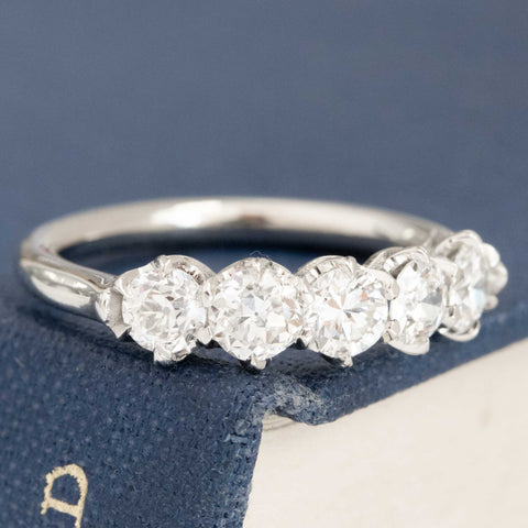 Historic style .95ctw Petite Old European Cut Diamond 5-Stone Band wedding band with Old European Cut Diamonds, unique heirloom in platinum