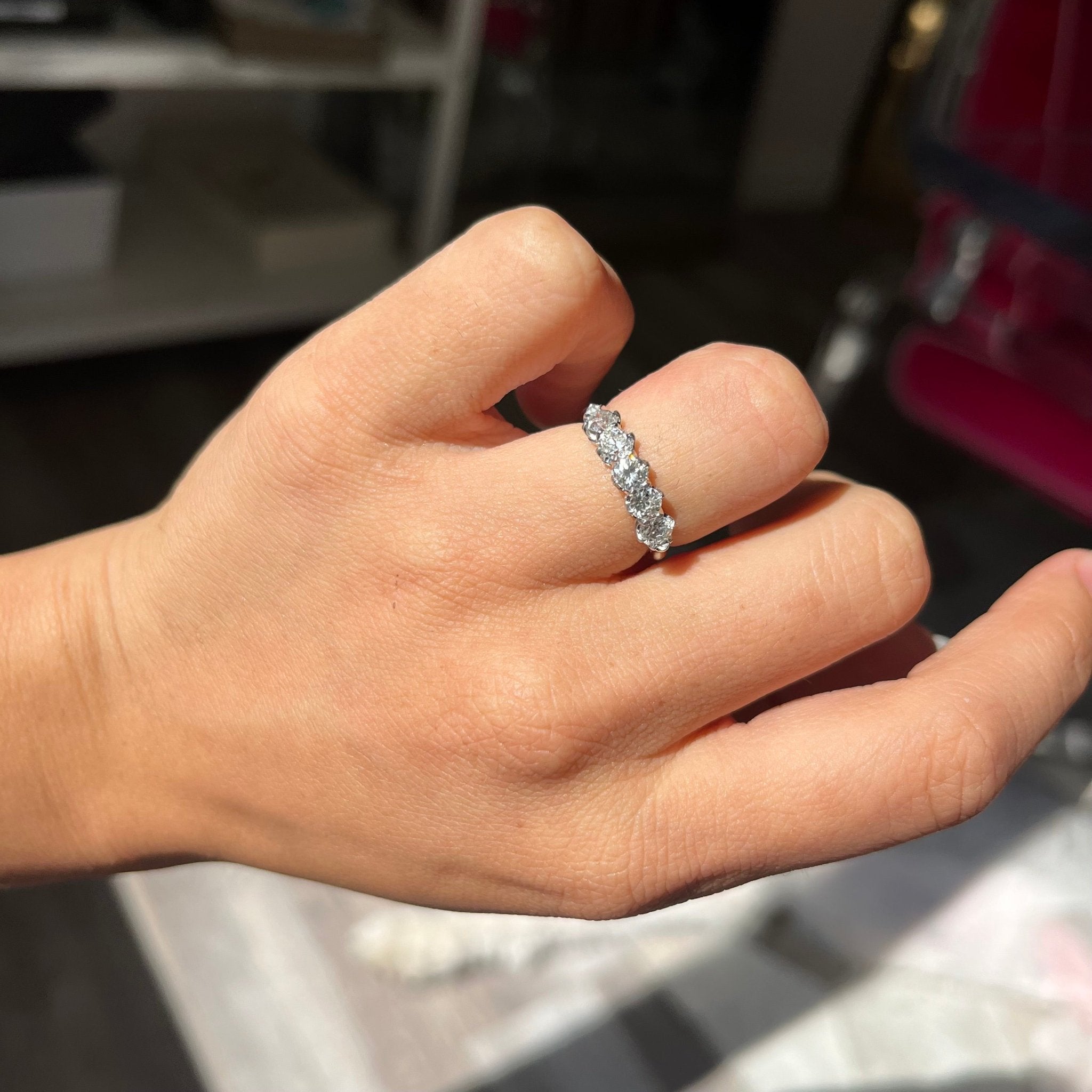 Elegant .95ctw Petite Old European Cut Diamond 5-Stone Band, romantic design with Old European Cut Diamonds, Earth-mined diamonds in platinum shown on ring finger