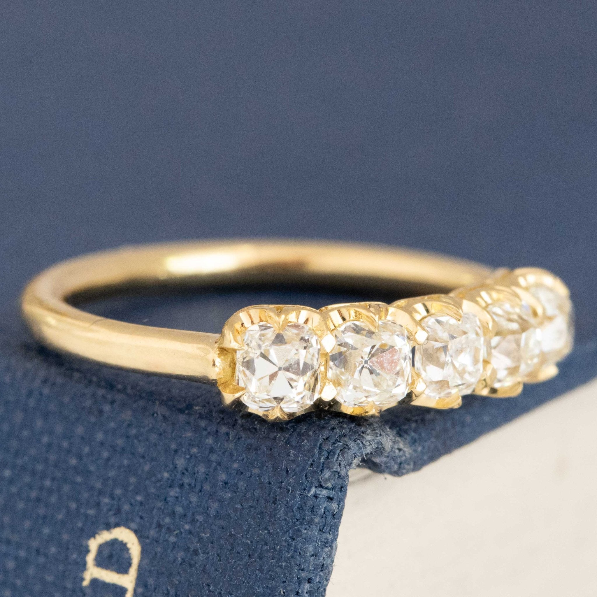 Historic style .95ctw Petite Old Mine Cut Diamond 5-Stone Band wedding band with Old Mine Cut Diamonds, unique heirloom in yellow gold