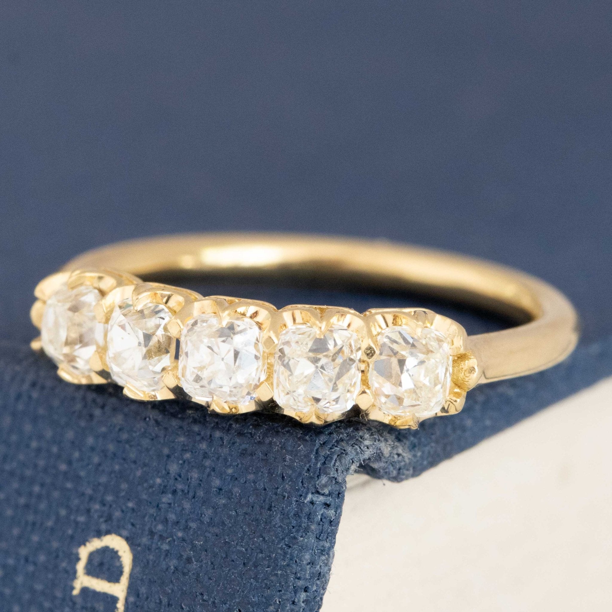 Antique lovers’ .95ctw Petite Old Mine Cut Diamond 5-Stone Band in yellow gold, featuring rare Earth-mined Old Mine Cut Diamonds