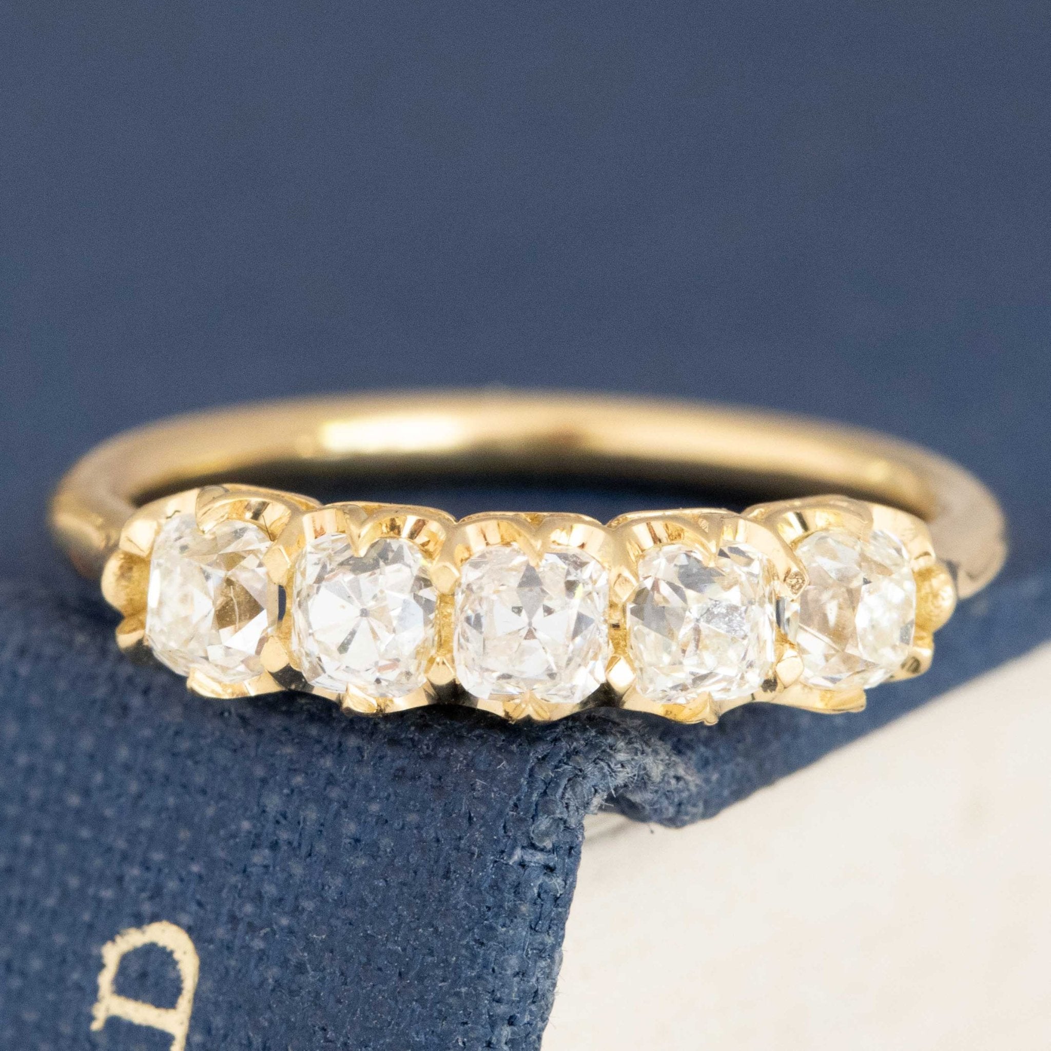 .95ctw Petite Old Mine Cut Diamond 5-Stone Band with Old Mine Cut Diamonds in yellow gold, antique-inspired one-of-a-kind wedding band