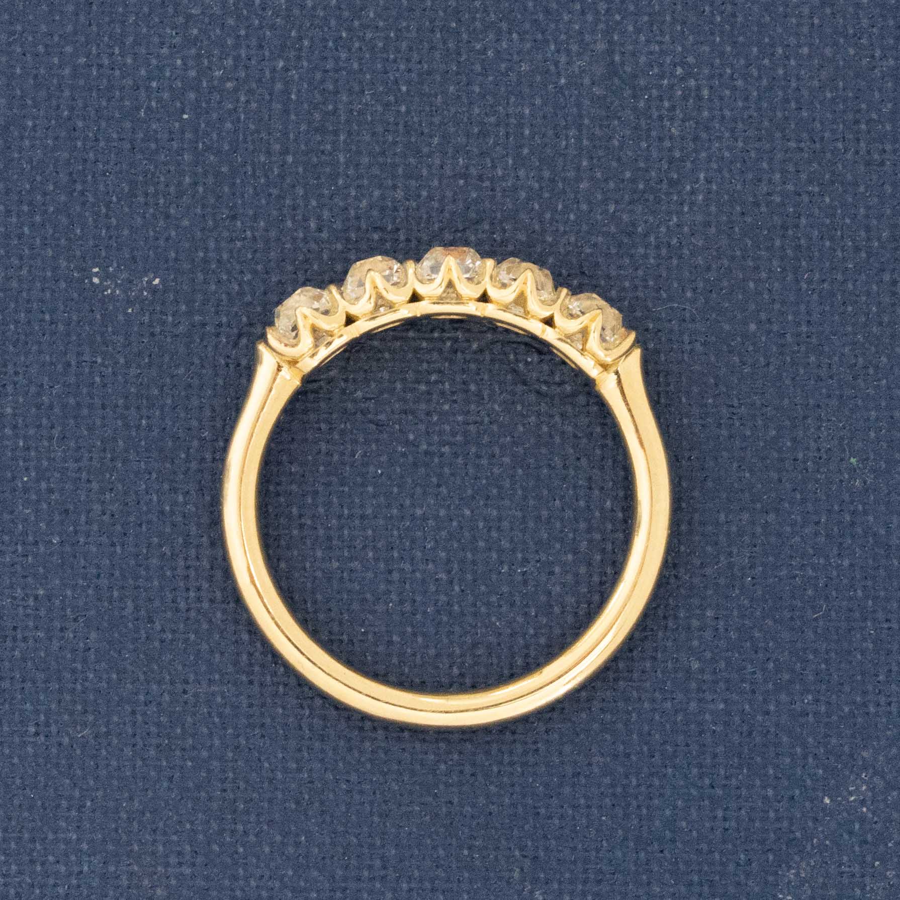 Side view of .95ctw Petite Old Mine Cut Diamond 5-Stone Band, natural Earth-mined Old Mine Cut Diamonds in yellow gold