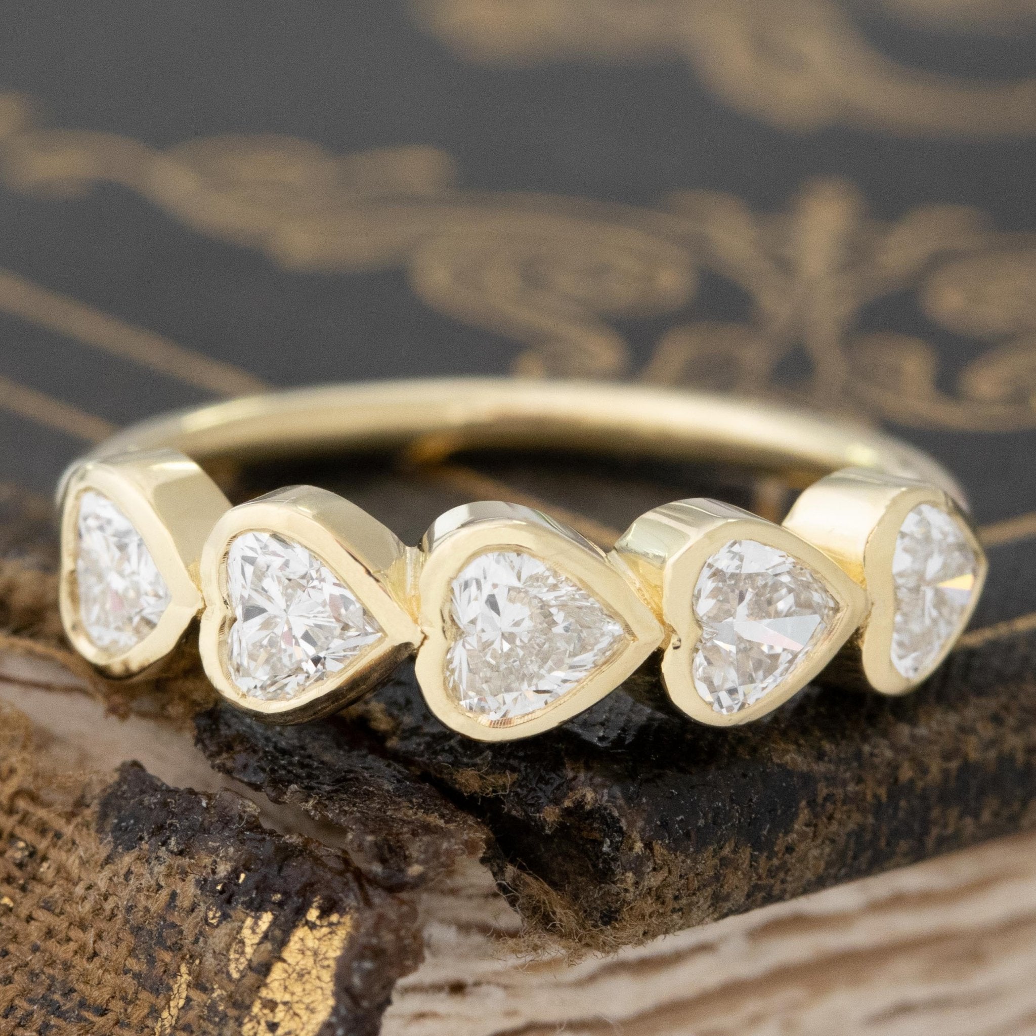 .96ctw Heart Cut Diamond Bezel 5-Stone Band with Antique Diamonds in yellow gold, antique-inspired one-of-a-kind wedding band