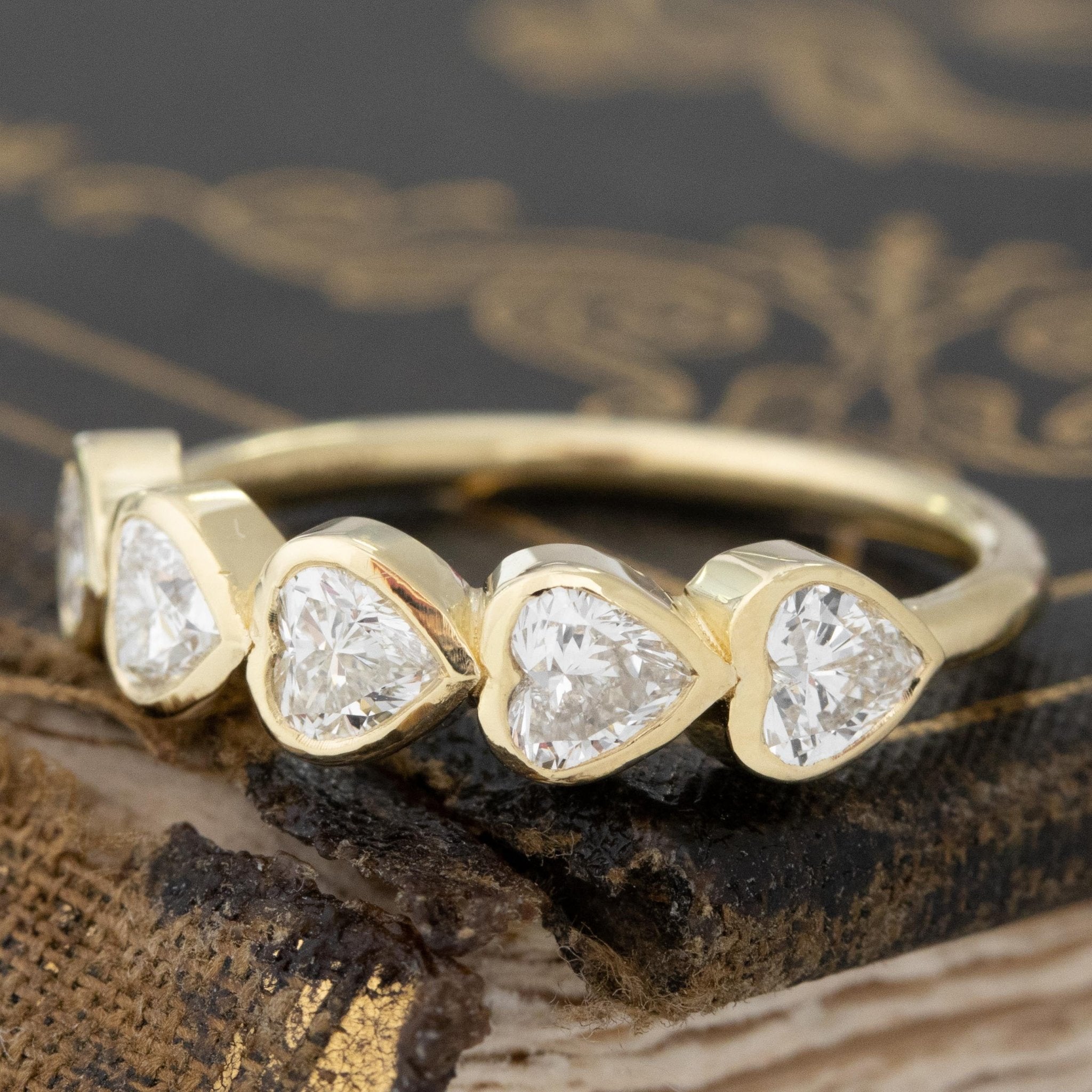 Antique lovers’ .96ctw Heart Cut Diamond Bezel 5-Stone Band in yellow gold, featuring rare Earth-mined Antique Diamonds