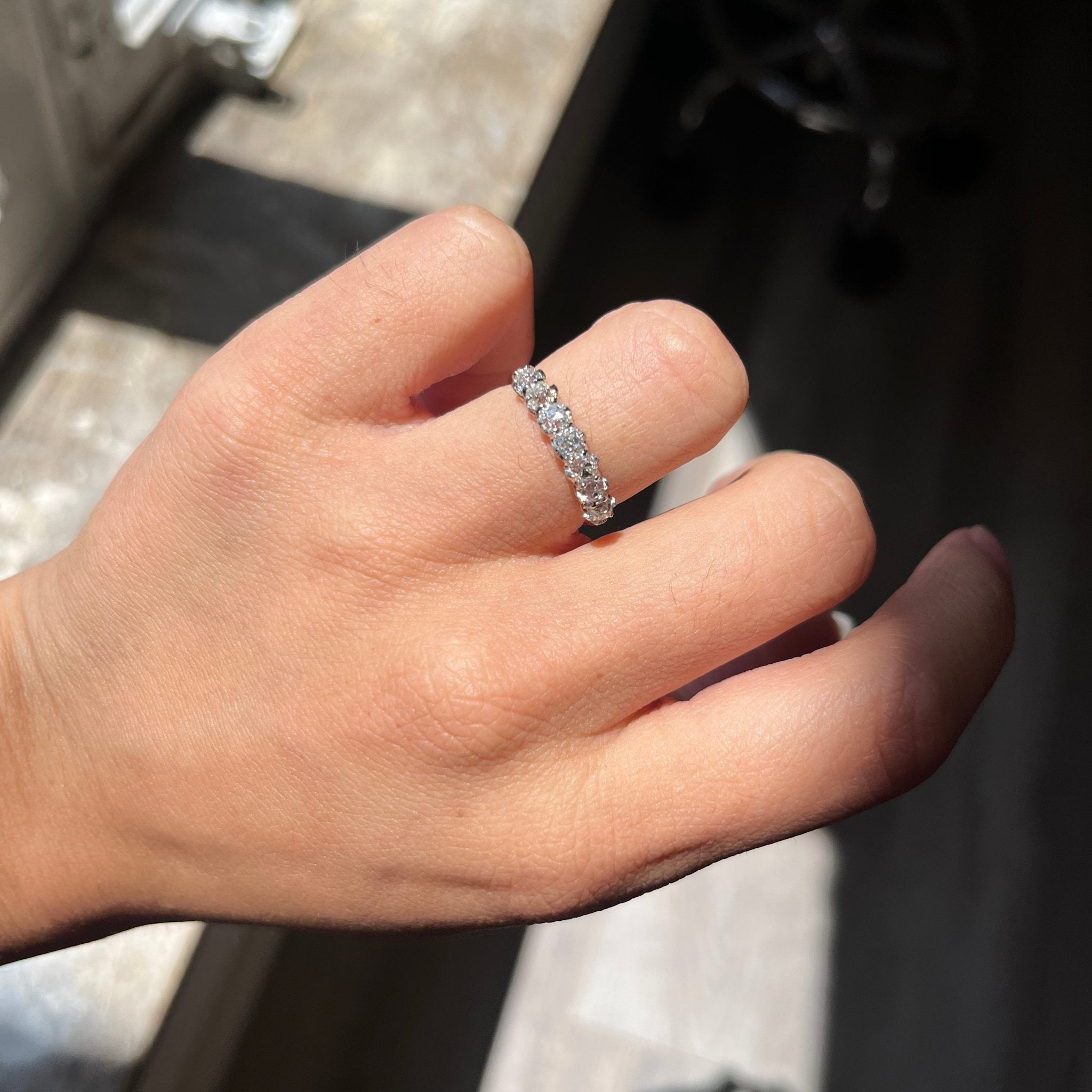 Elegant .96ctw Old Mine Cut Diamond 7-Stone Band, romantic design with Old Mine Cut Diamonds, Earth-mined diamonds in platinum and rose gold